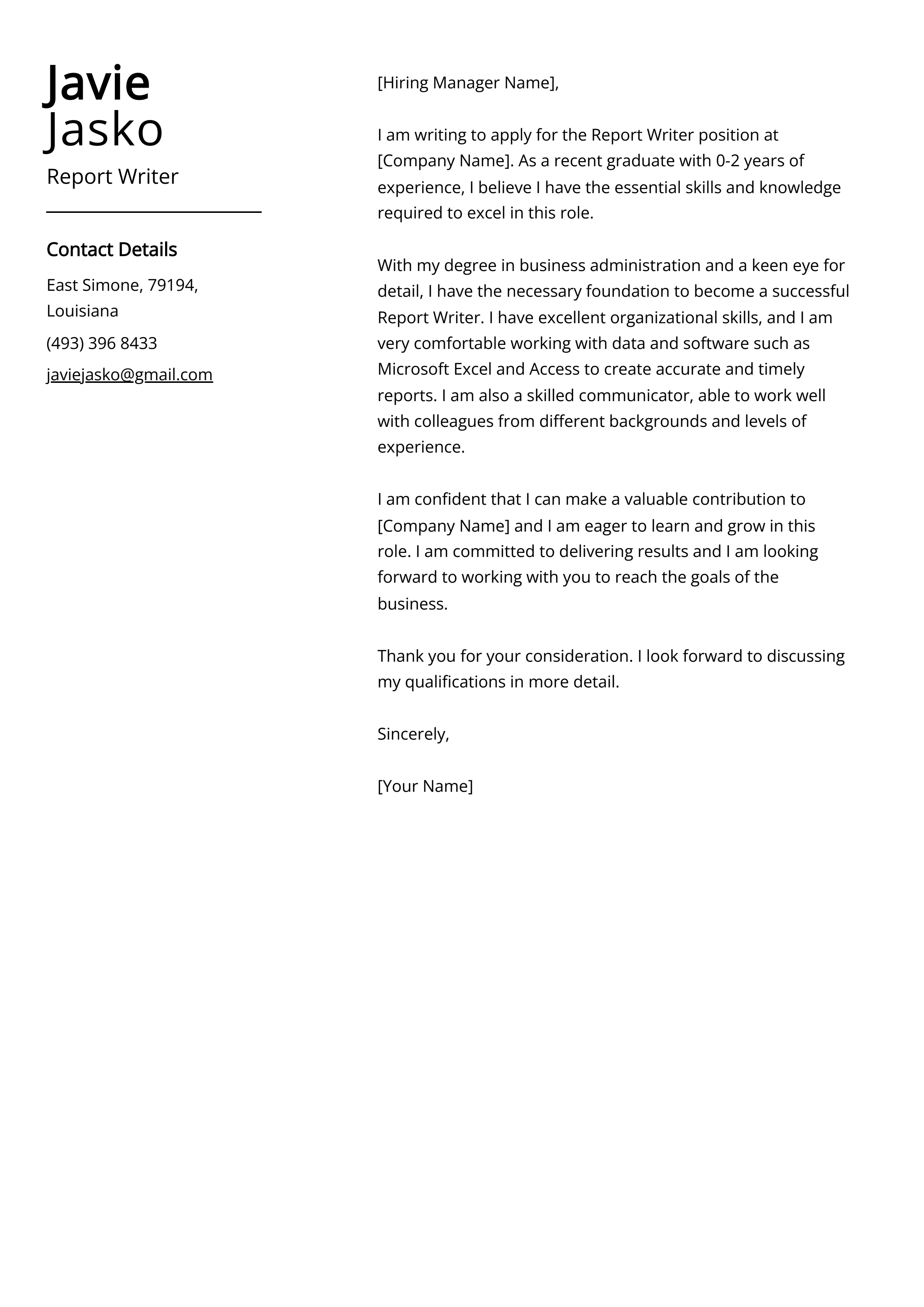 Report Writer Cover Letter Example