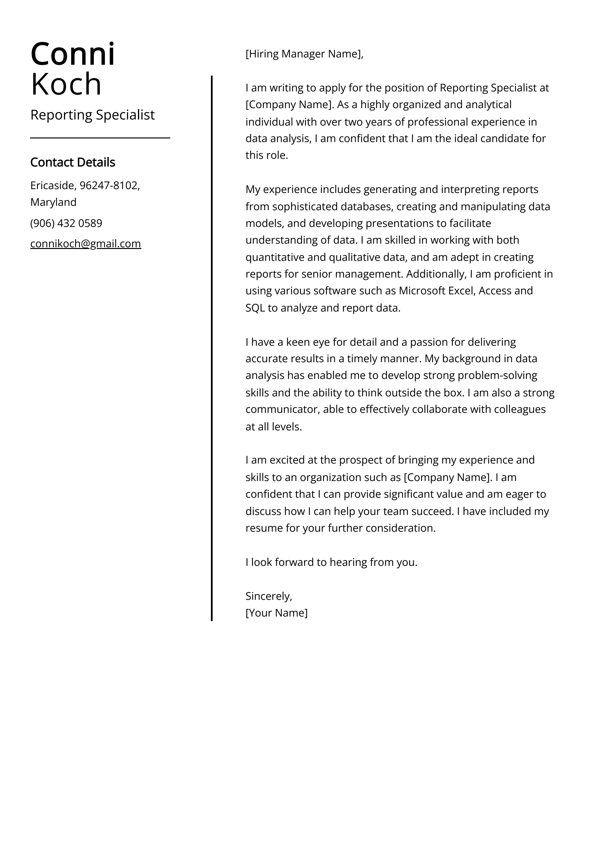 Reporting Specialist Cover Letter Example