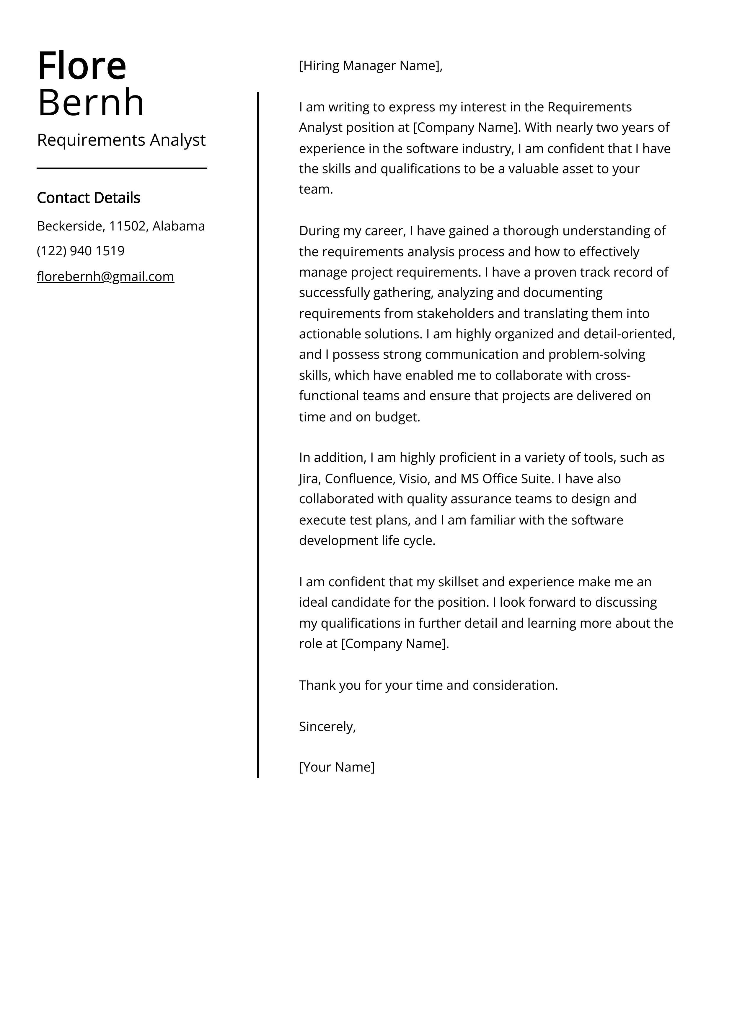 Requirements Analyst Cover Letter Example