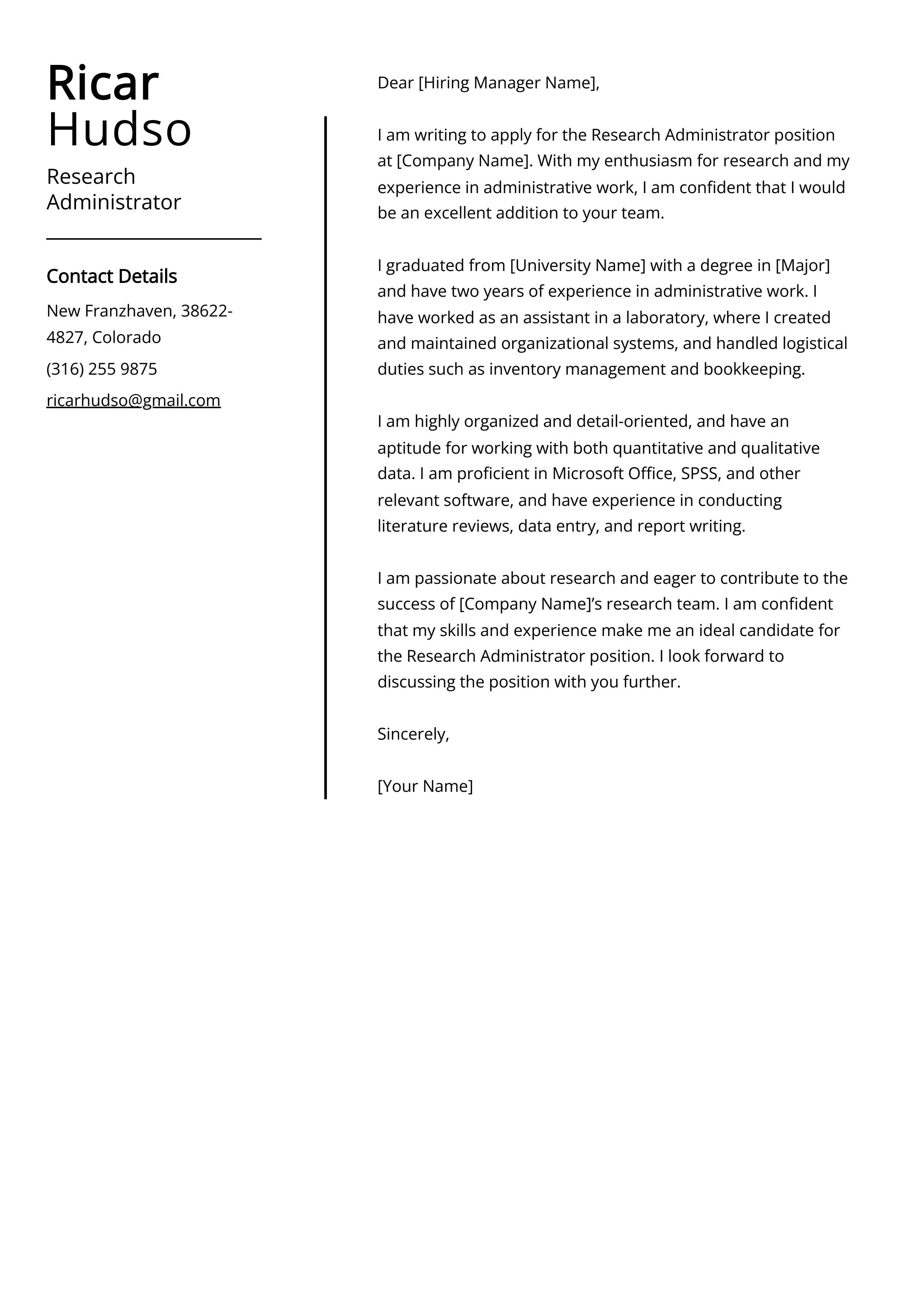 Research Administrator Cover Letter Example