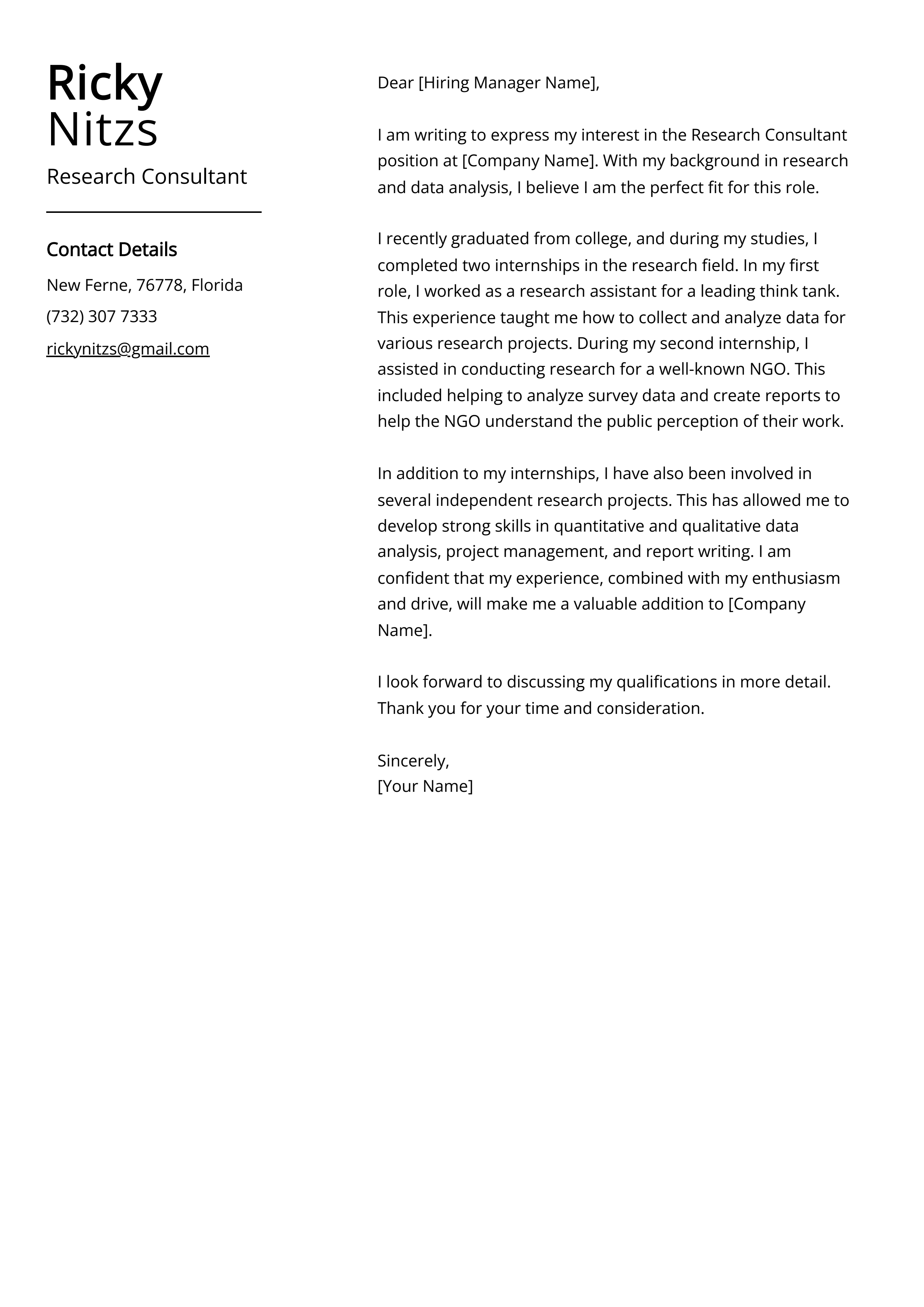 Research Consultant Cover Letter Example