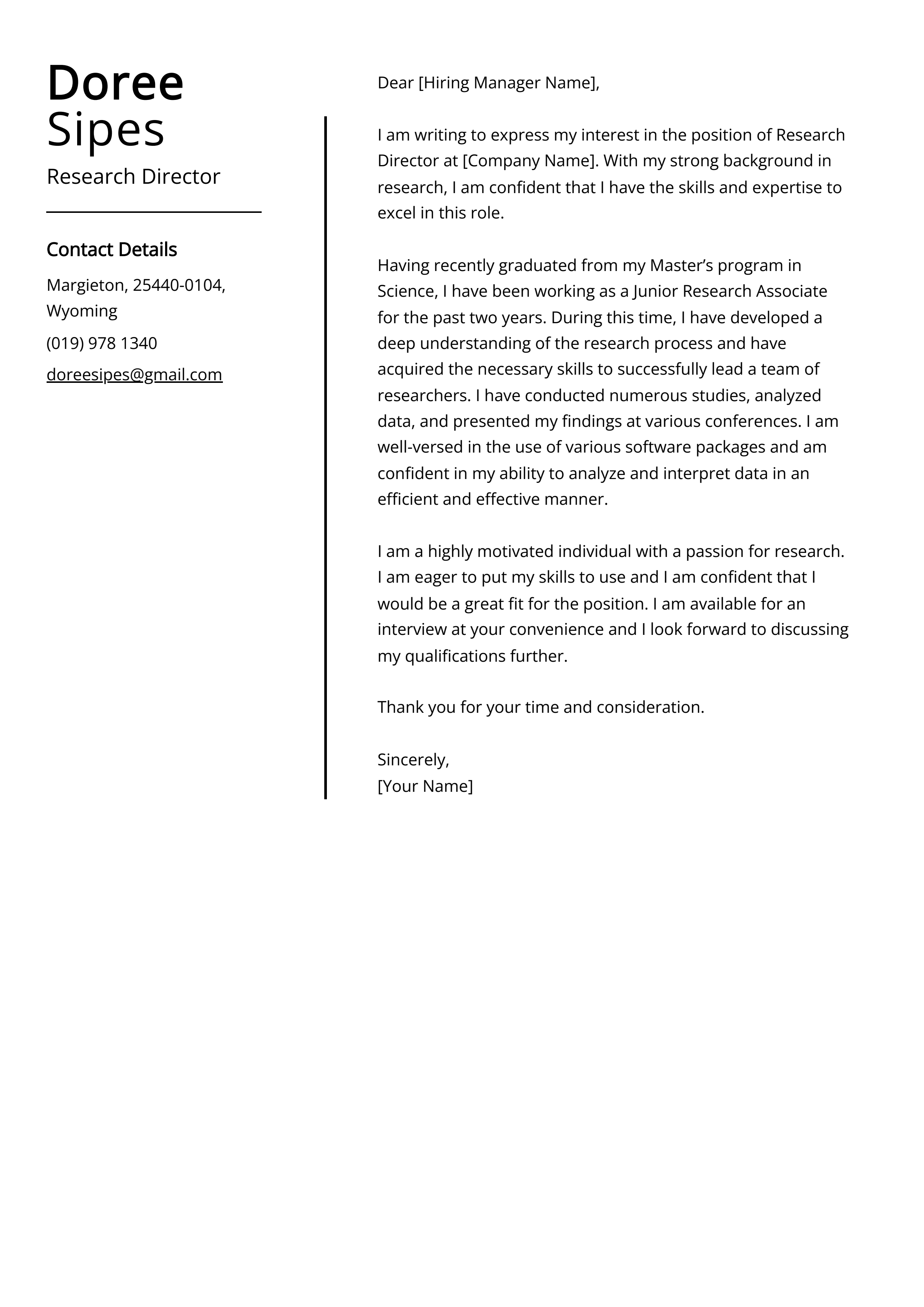Research Director Cover Letter Example