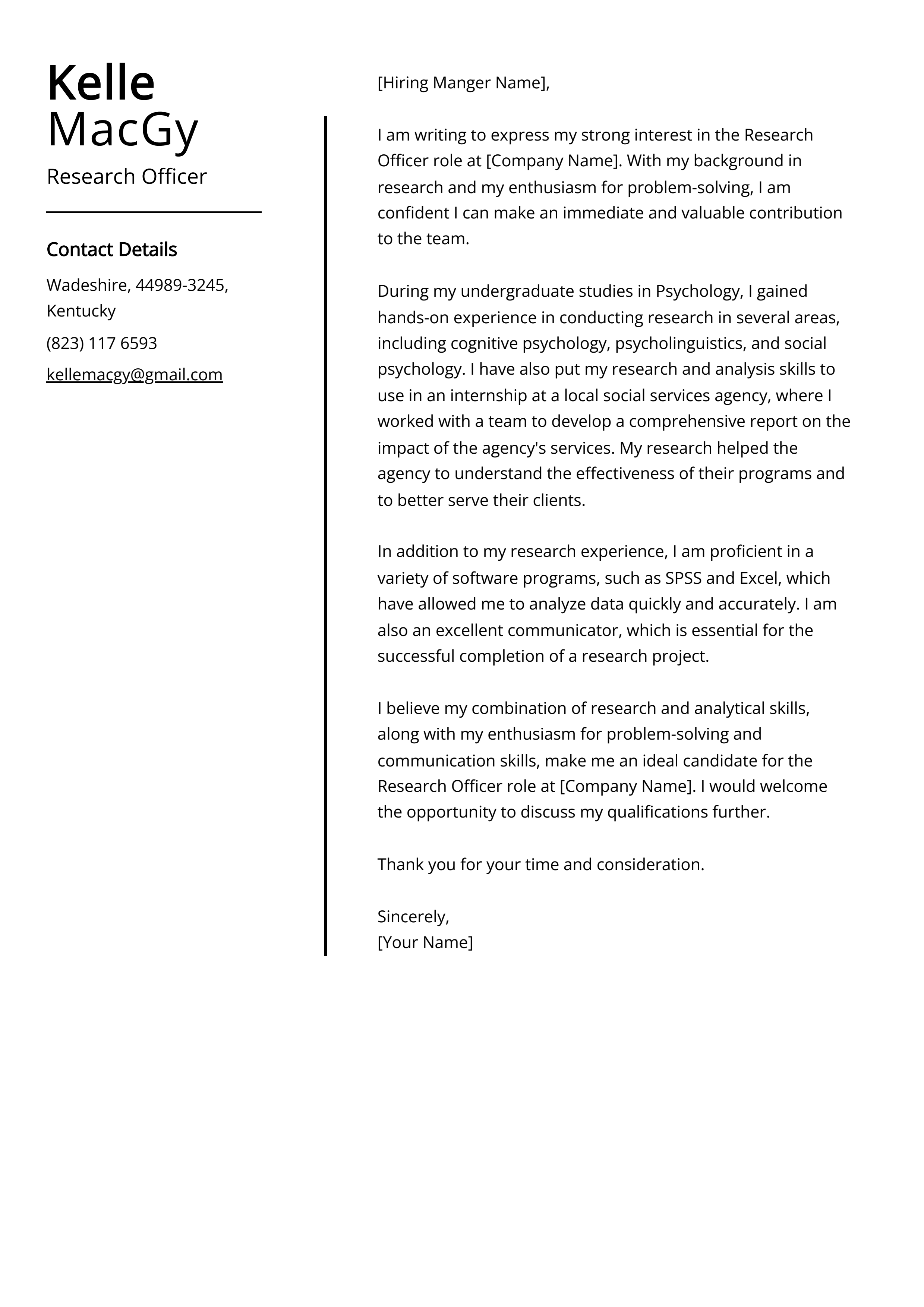 Research Officer Cover Letter Example