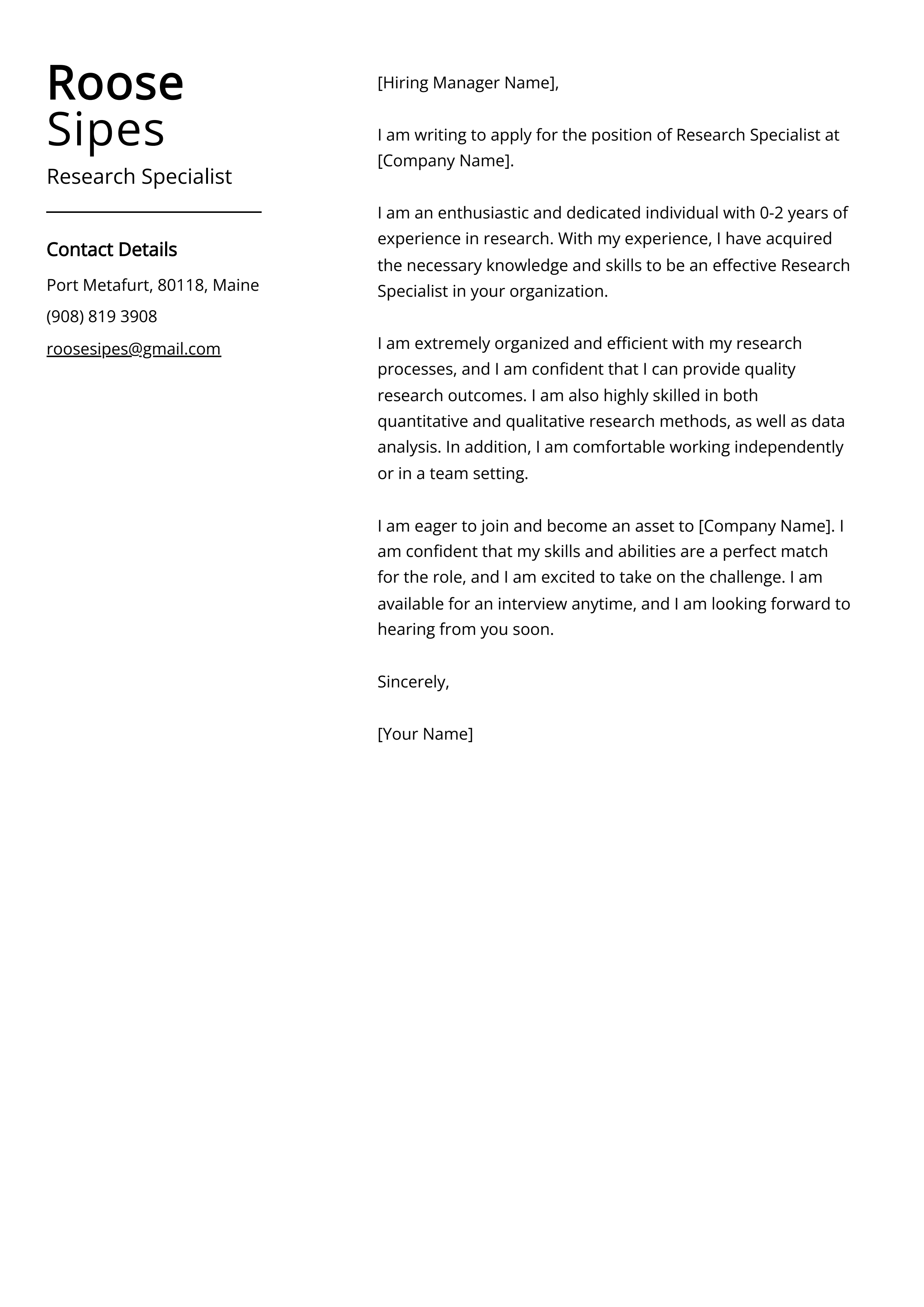 Research Specialist Cover Letter Example