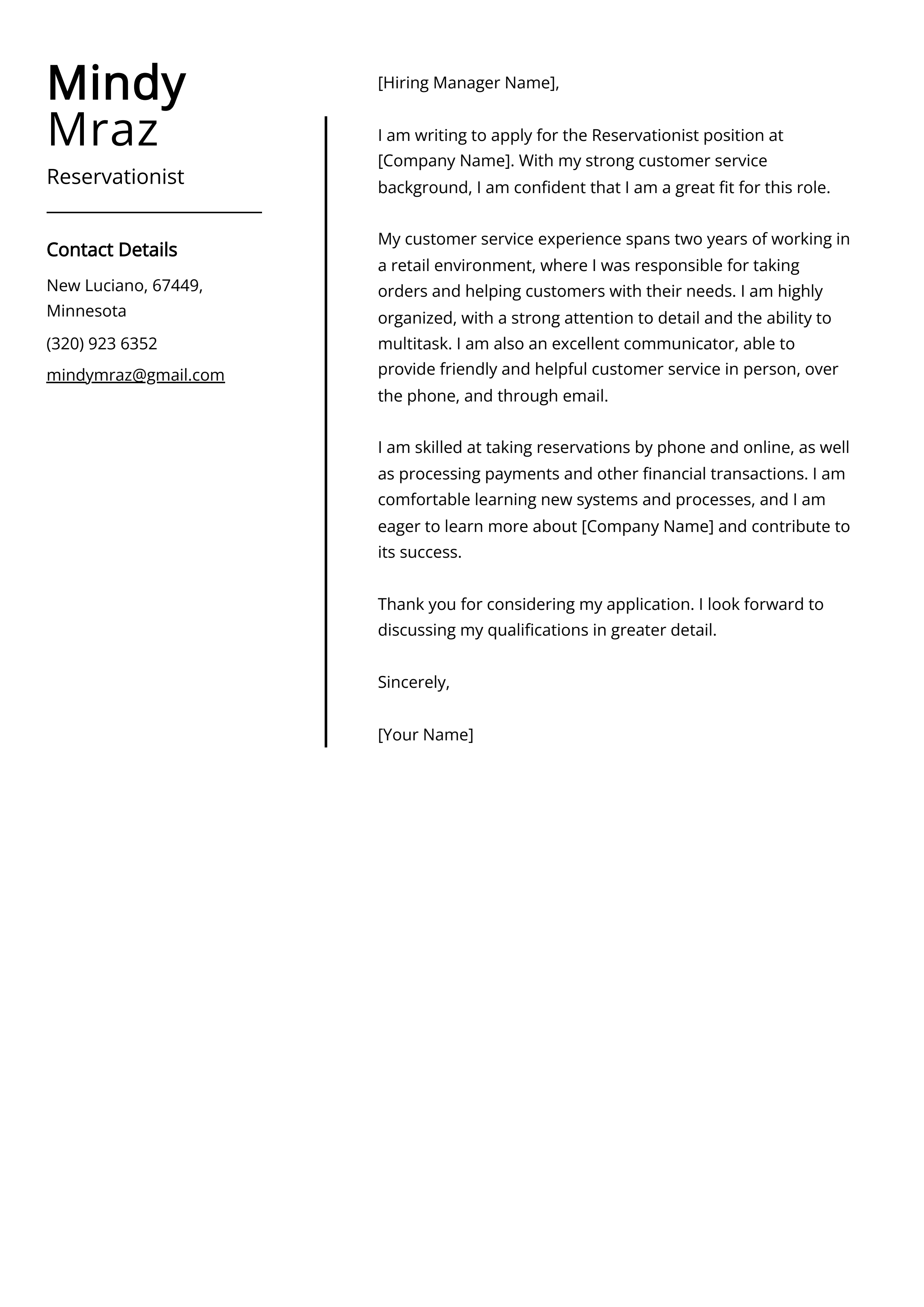Reservationist Cover Letter Example