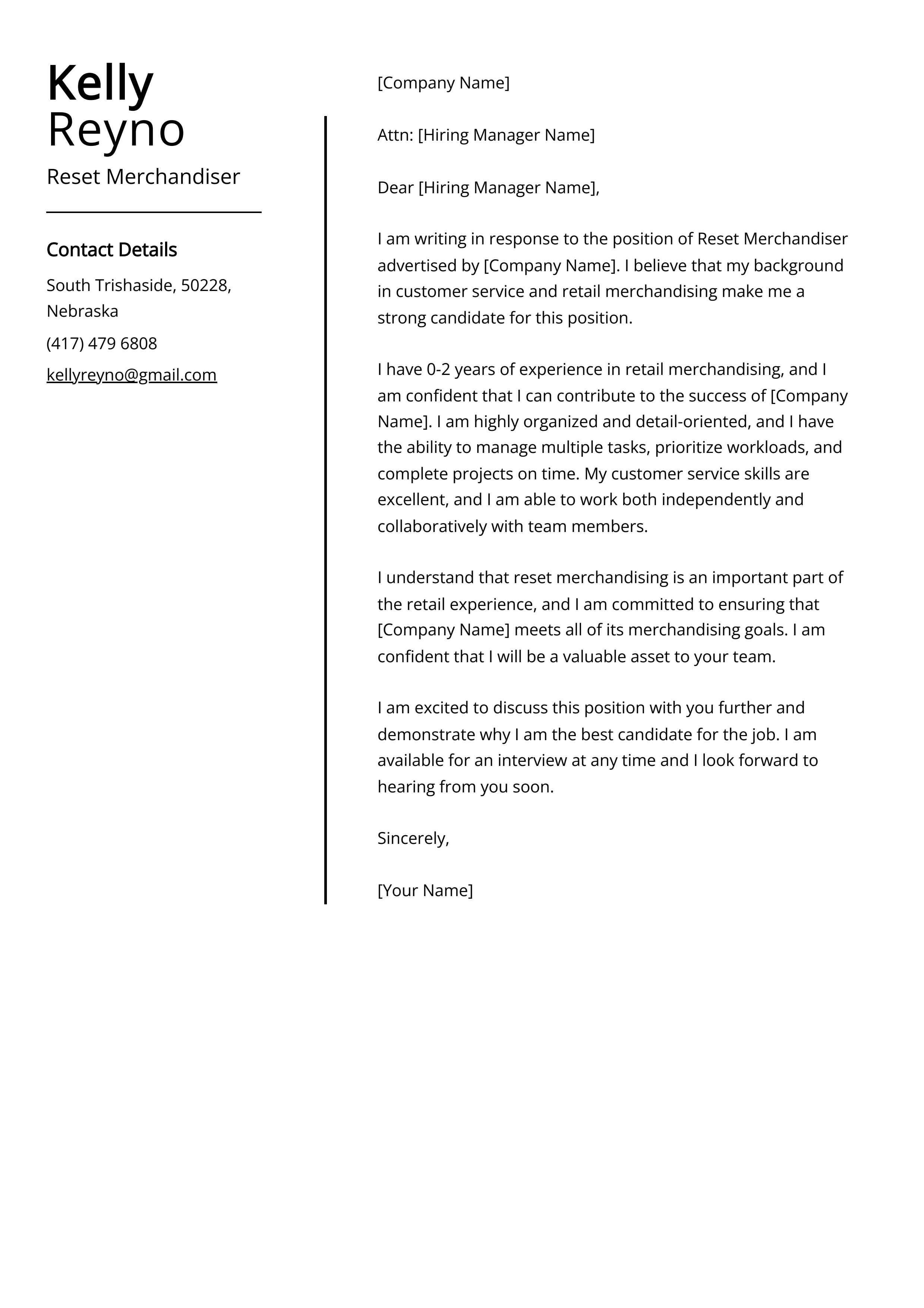 Reset Merchandiser Cover Letter Example