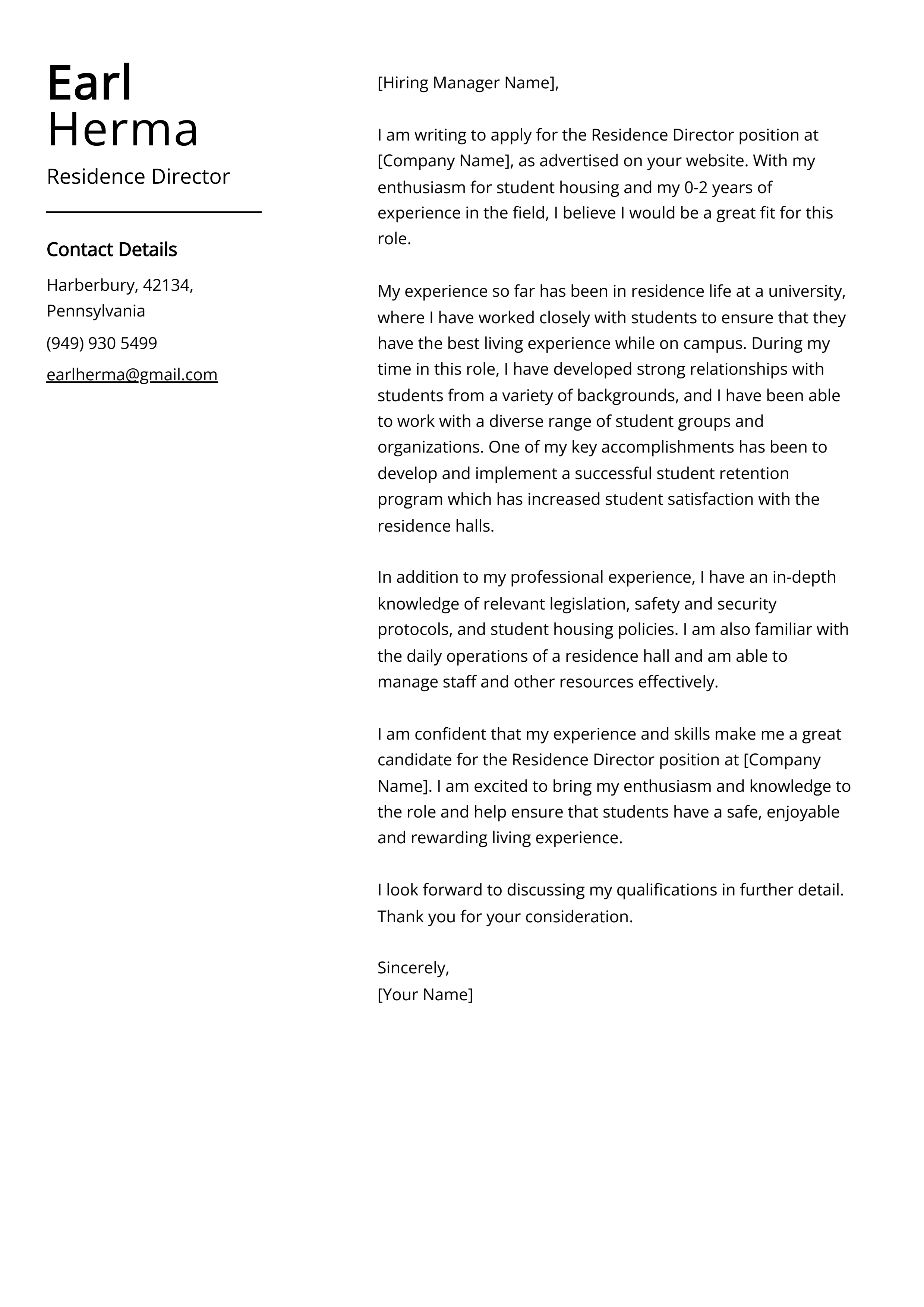 Residence Director Cover Letter Examples (template & 20+ Tips)