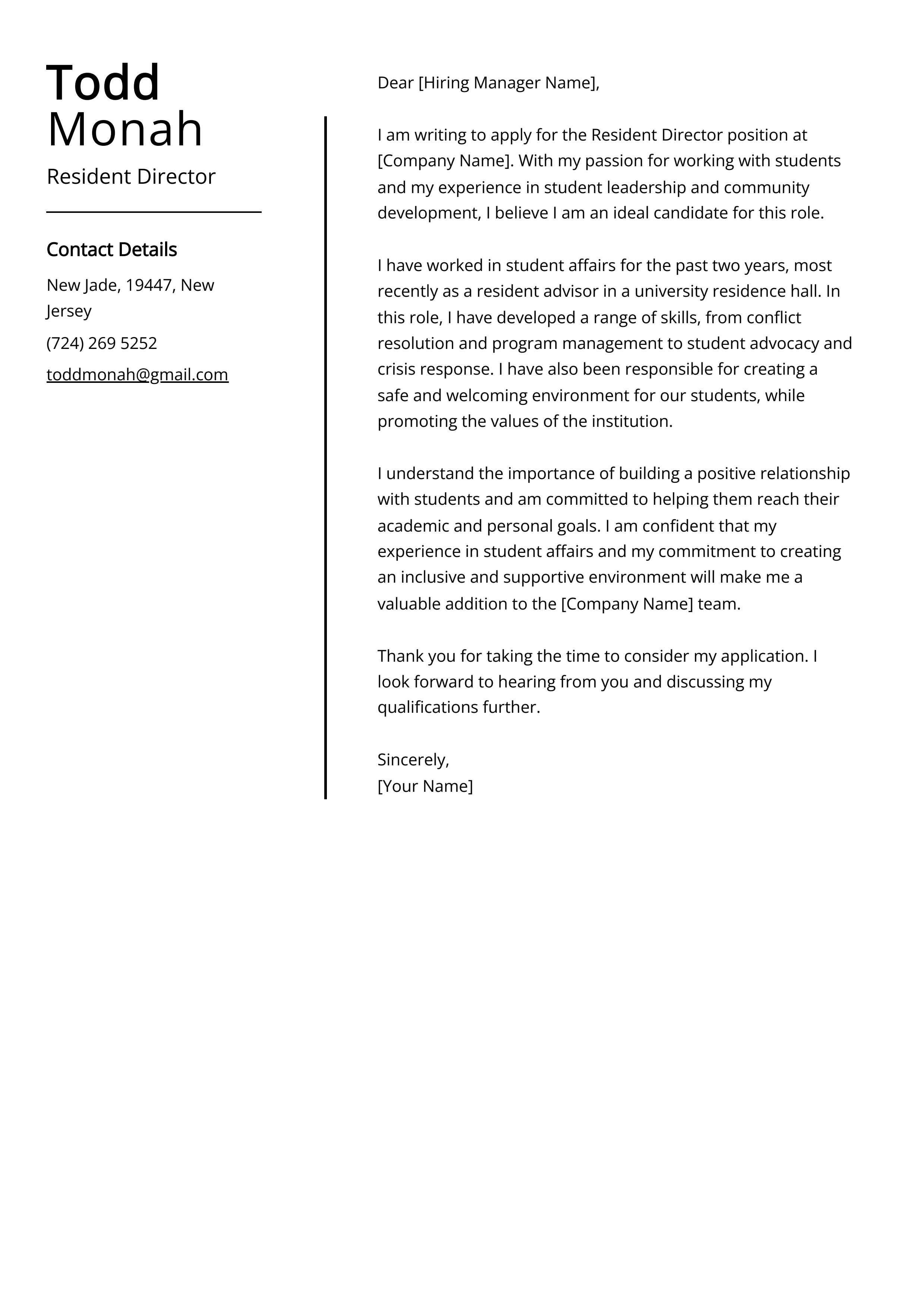 Resident Director Cover Letter Example