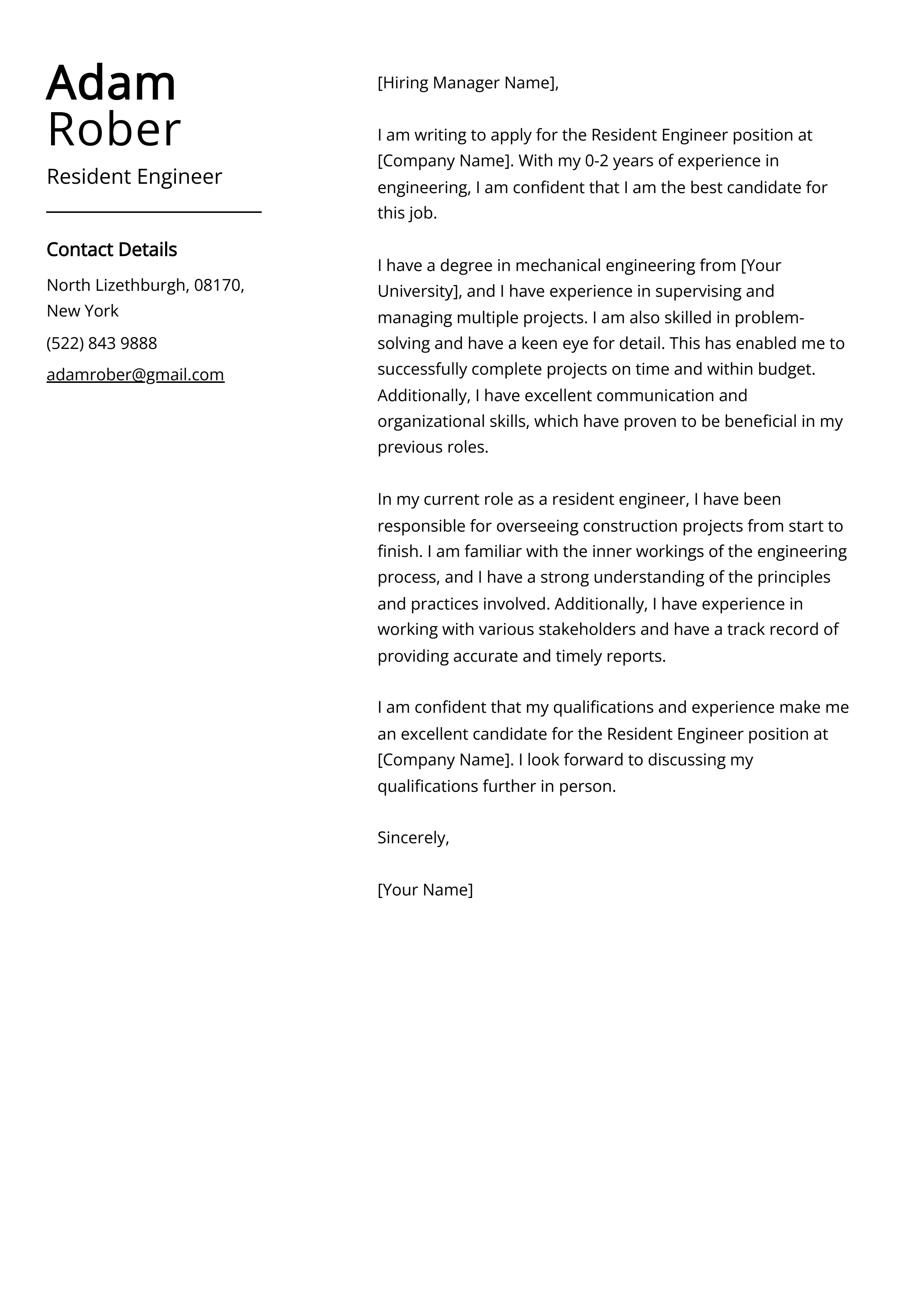 Resident Engineer Cover Letter Example