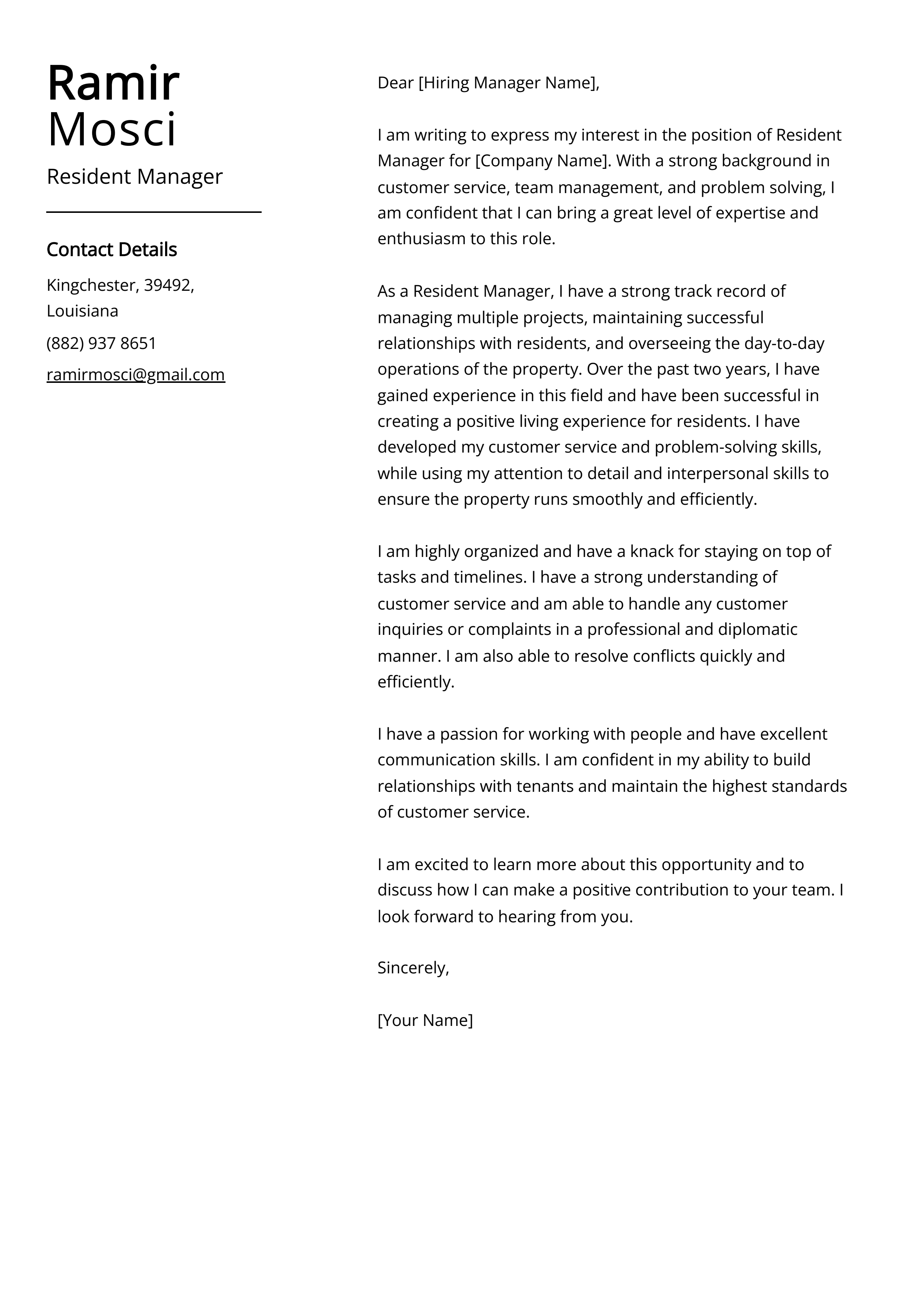Resident Manager Cover Letter Example