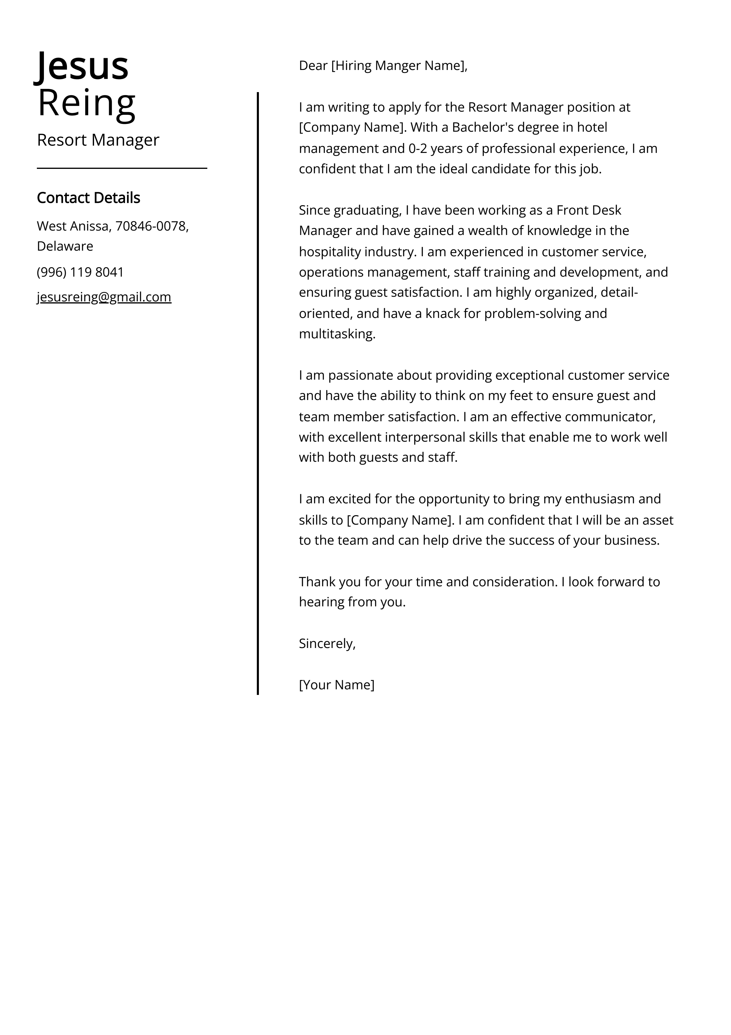 Resort Manager Cover Letter Example