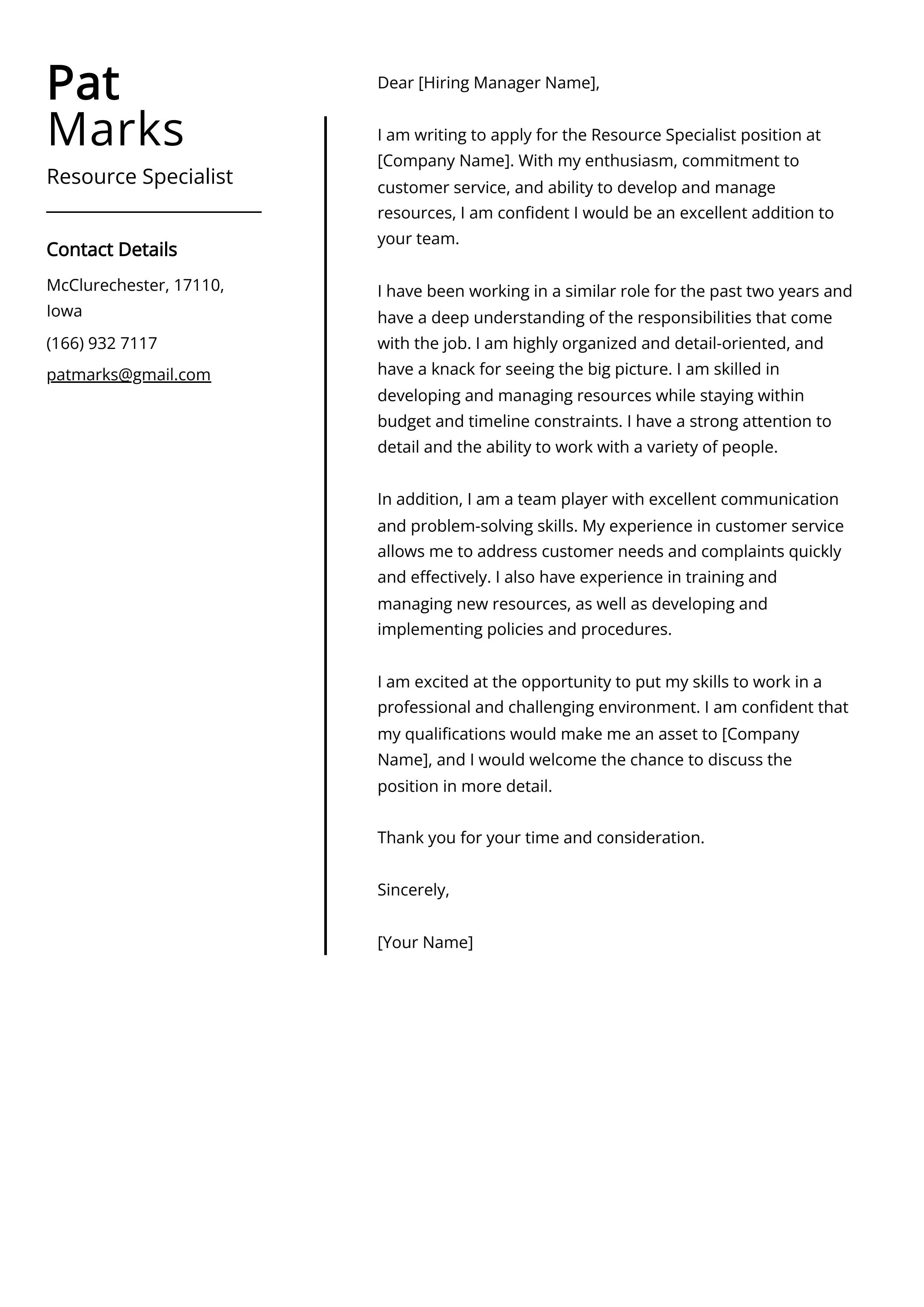 Resource Specialist Cover Letter Example