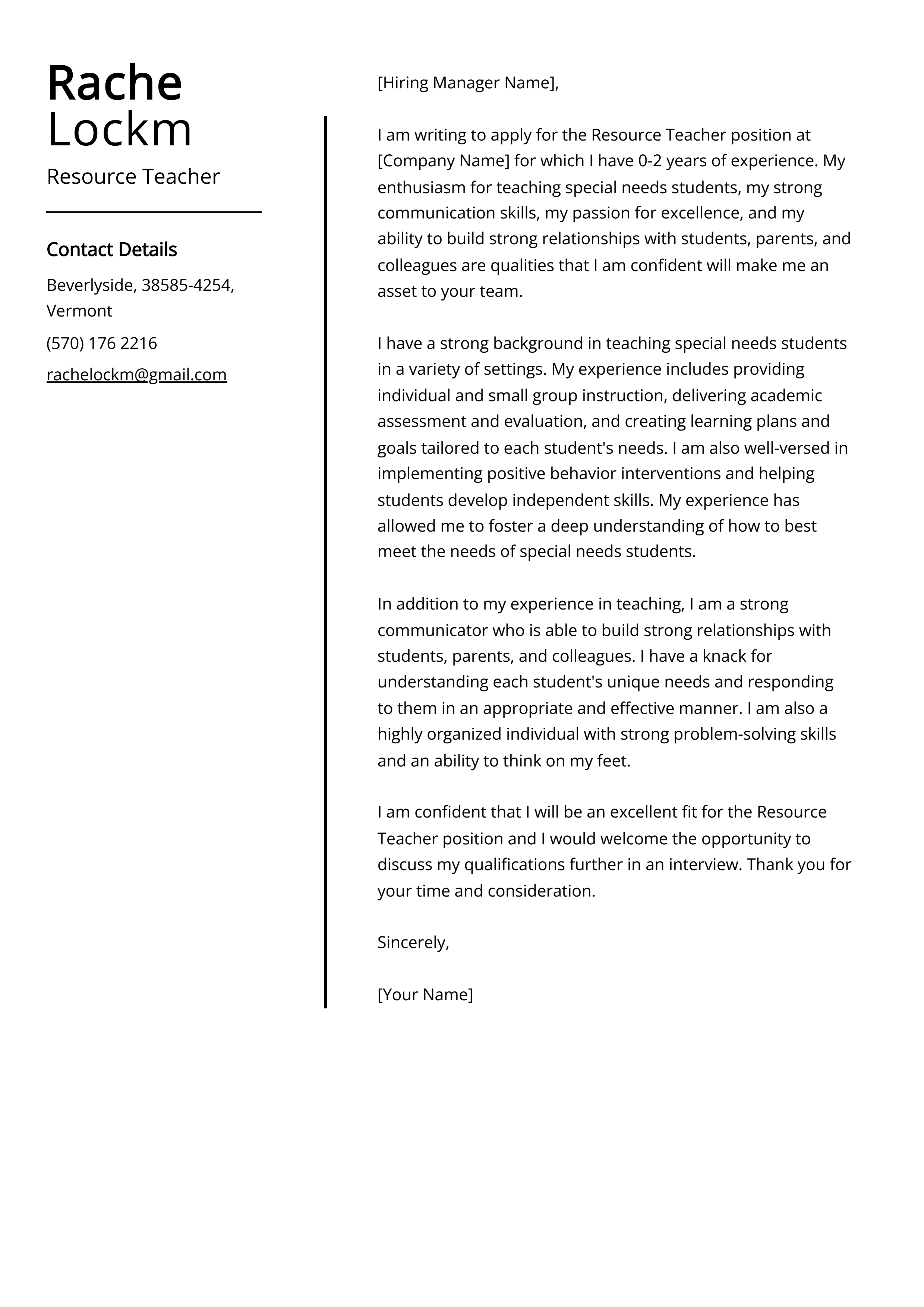 Resource Teacher Cover Letter Example