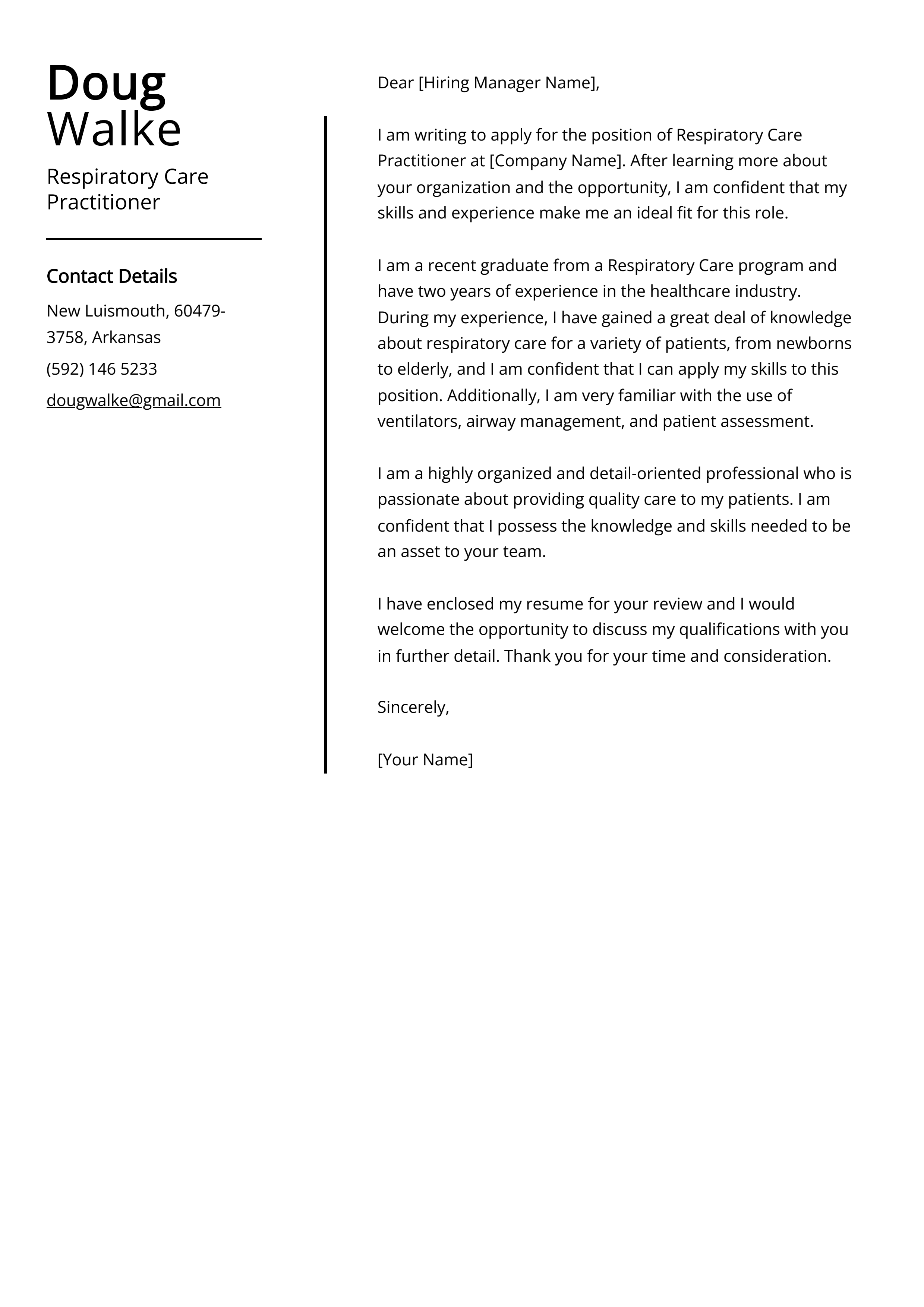 Respiratory Care Practitioner Cover Letter Example
