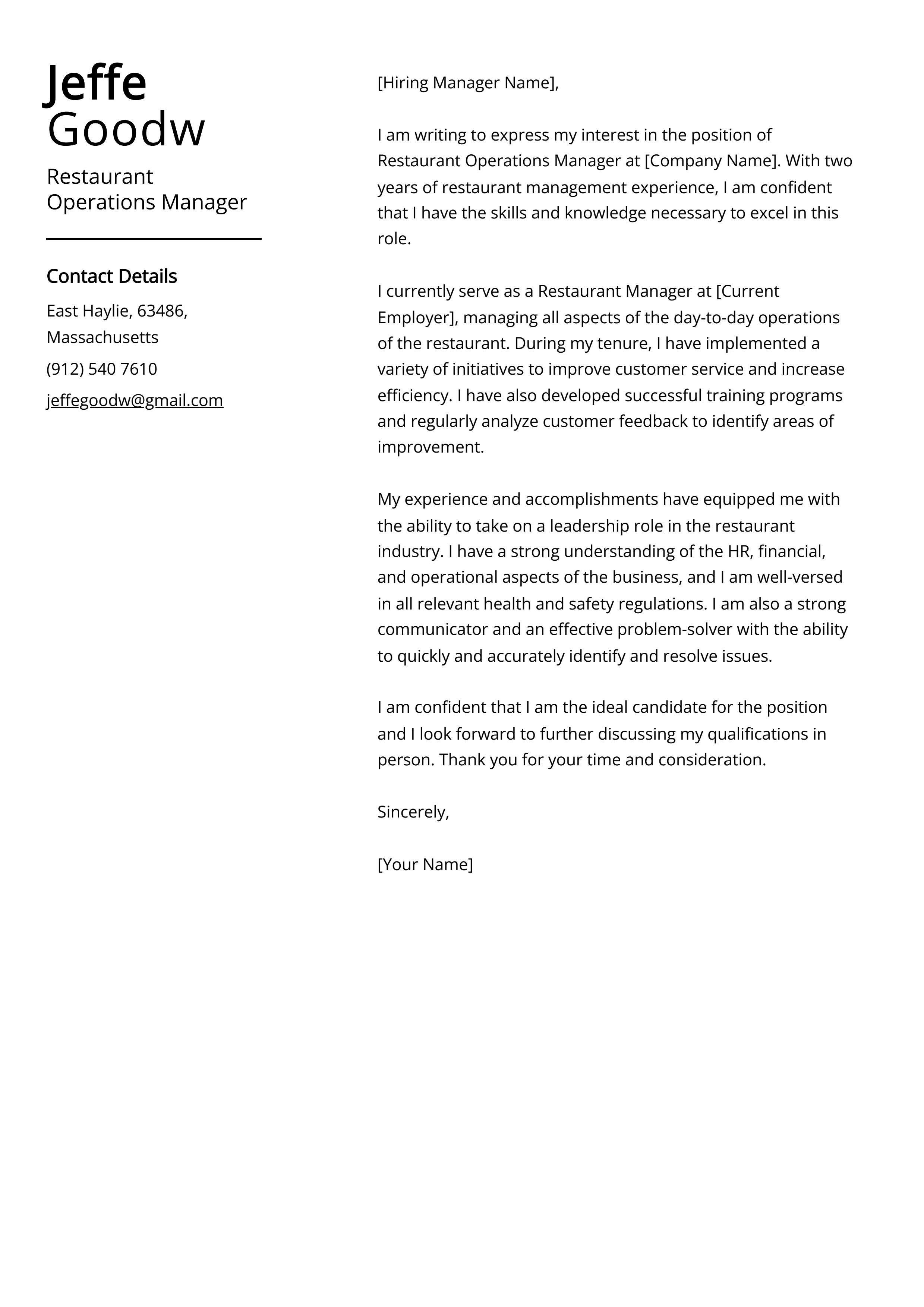 Restaurant Operations Manager Cover Letter Example