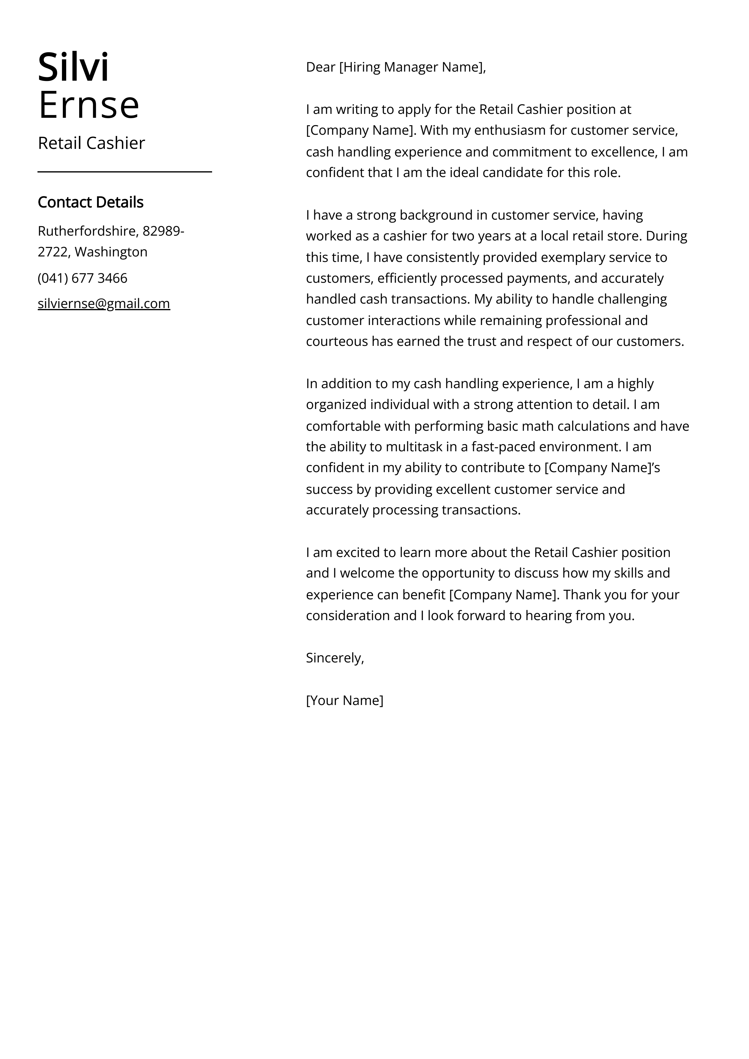 Retail Cashier Cover Letter Example