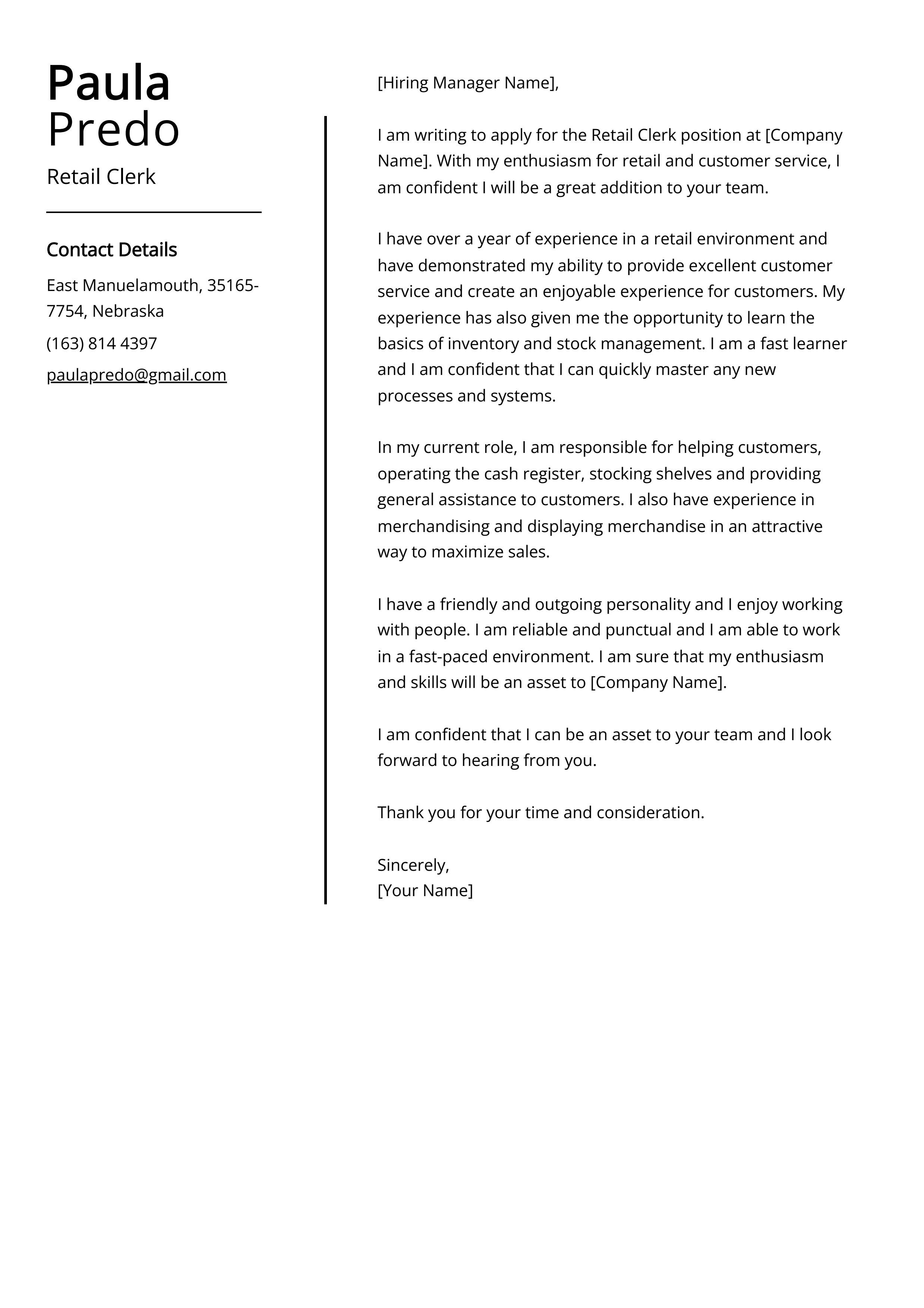Retail Clerk Cover Letter Example