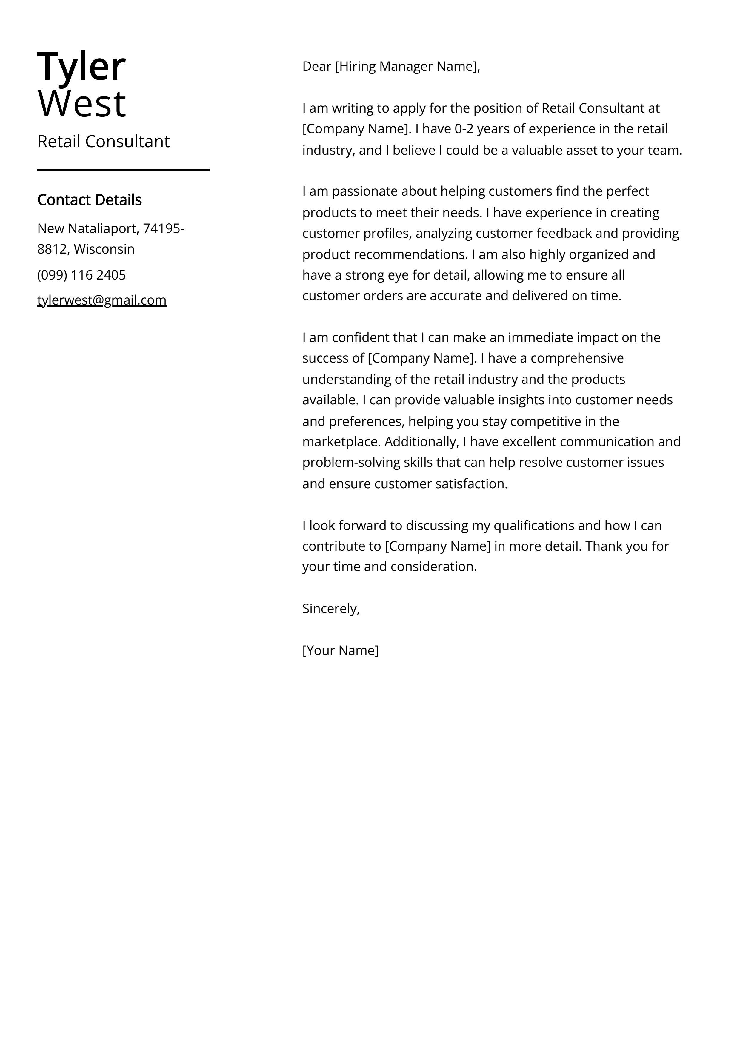 Retail Consultant Cover Letter Example