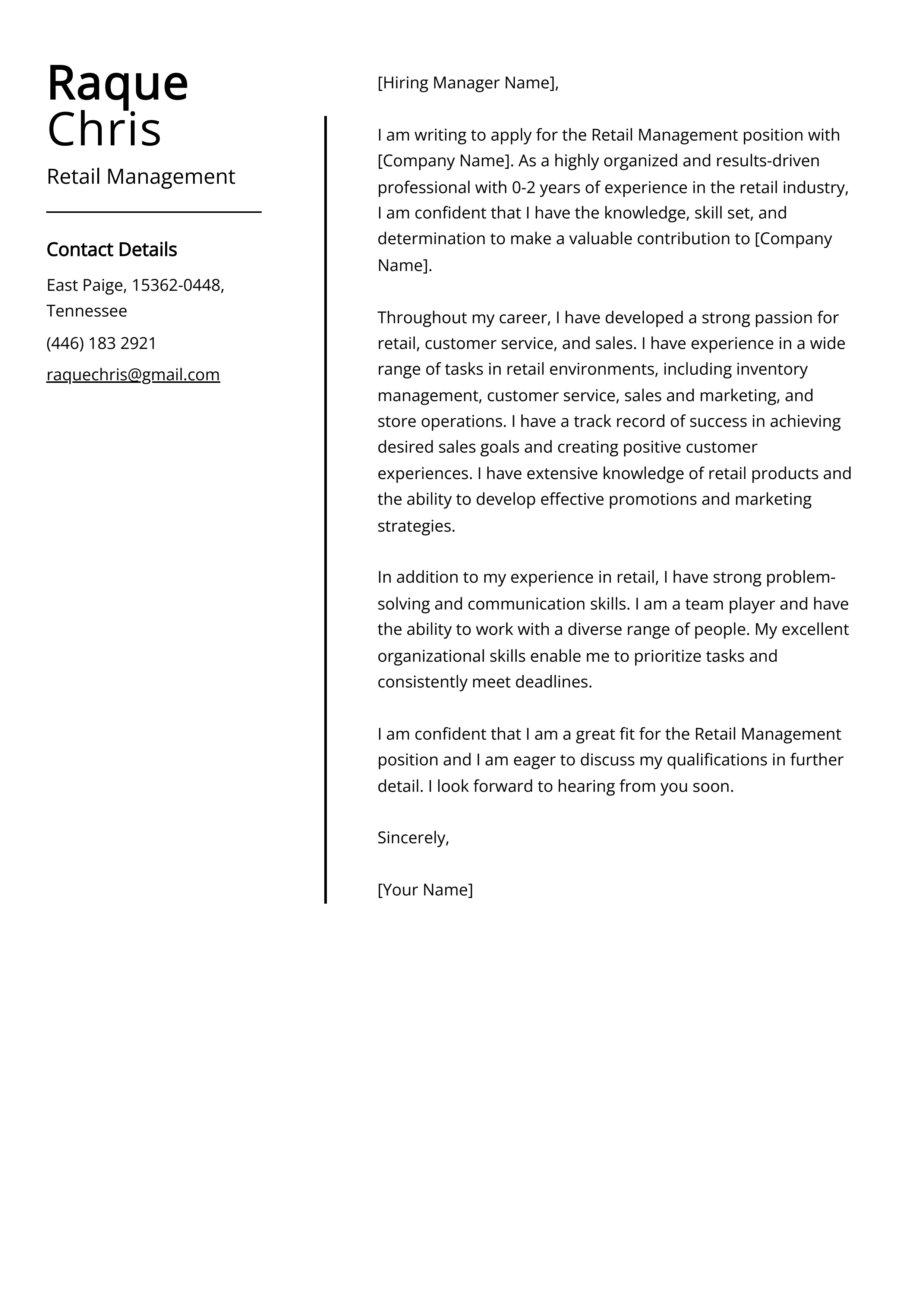 Retail Management Cover Letter Example