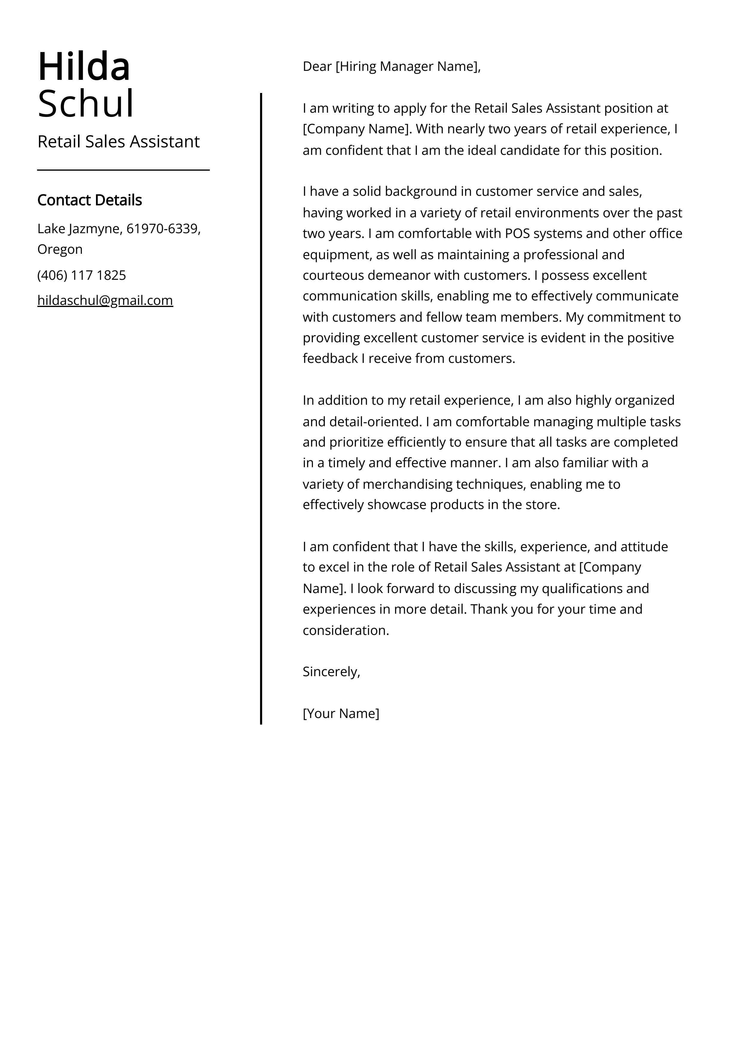 Retail Sales Assistant Cover Letter Example