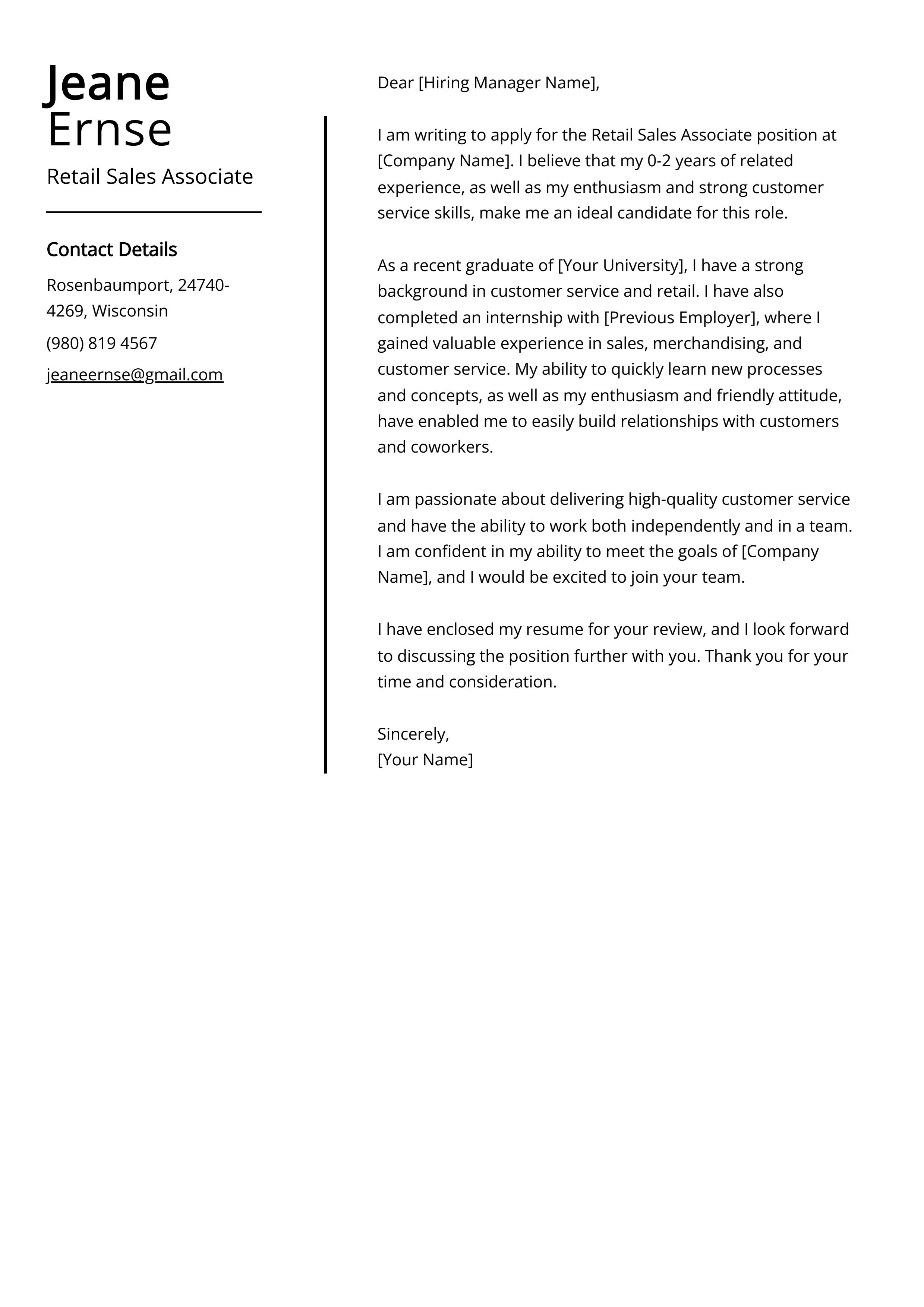 Retail Sales Associate Cover Letter Example