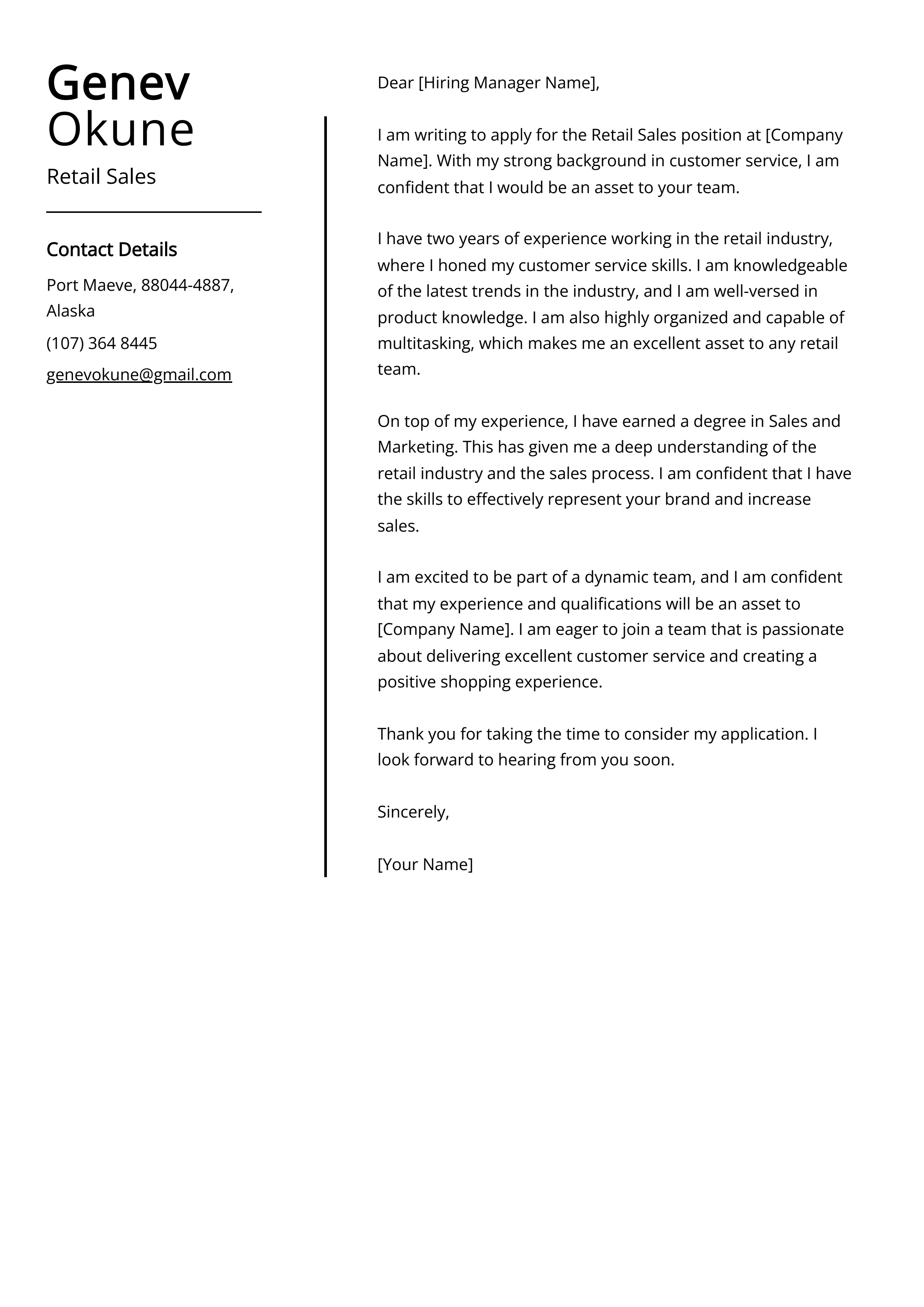 Retail Sales Cover Letter Example