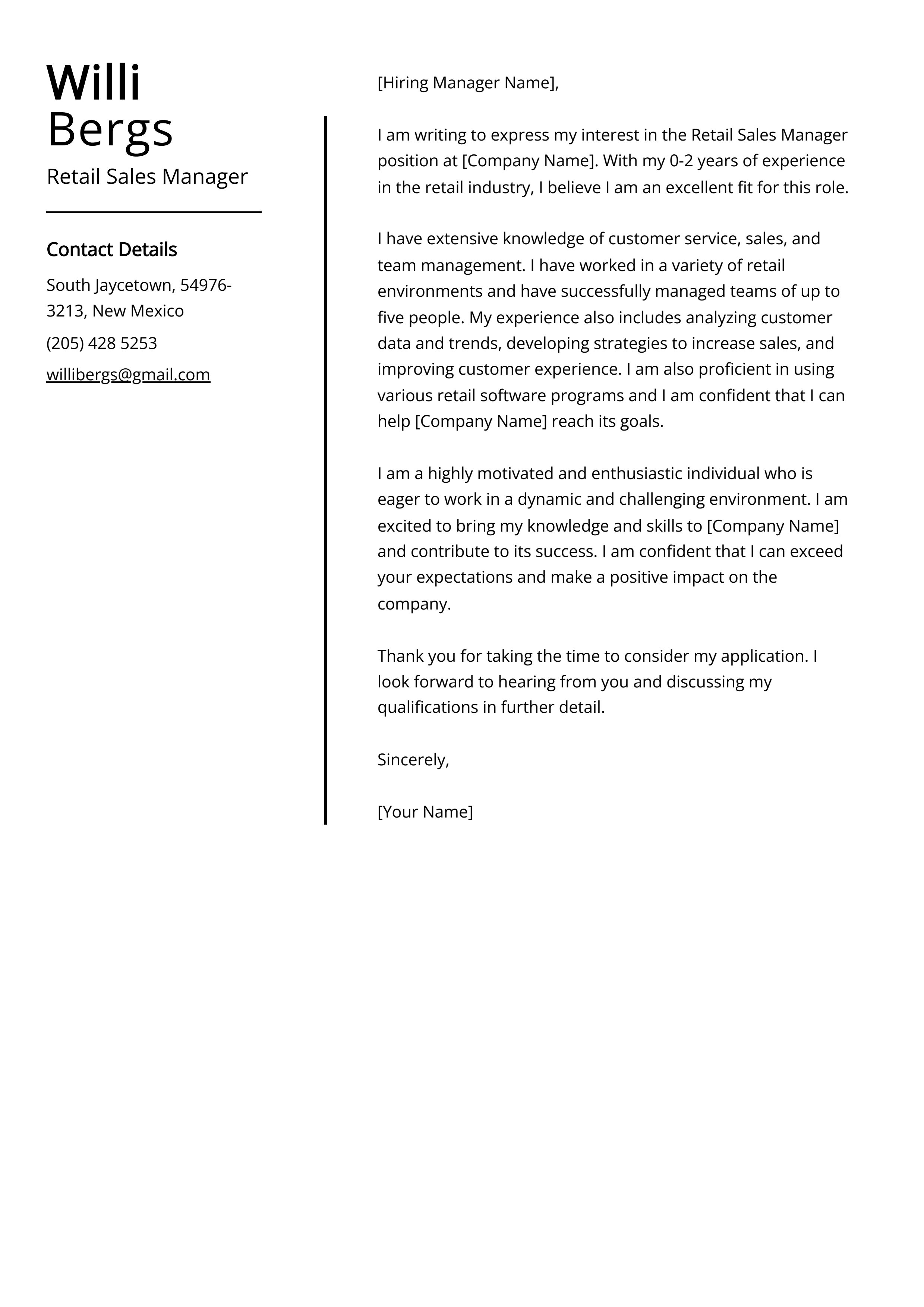 Retail Sales Manager Cover Letter Example