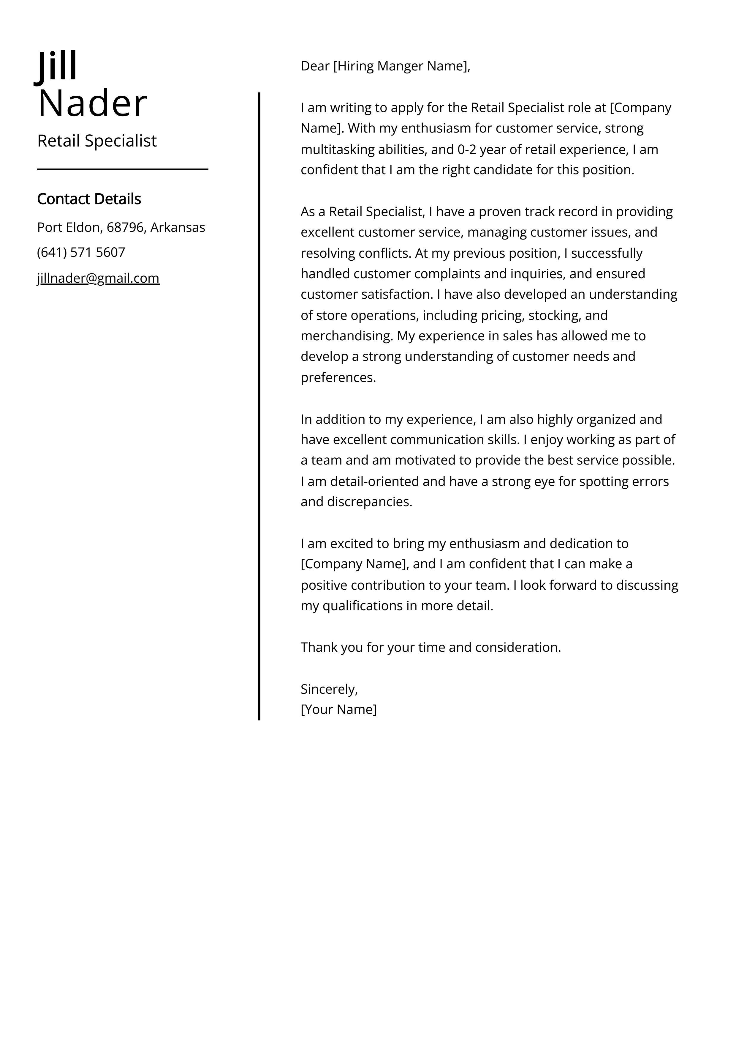Retail Specialist Cover Letter Example