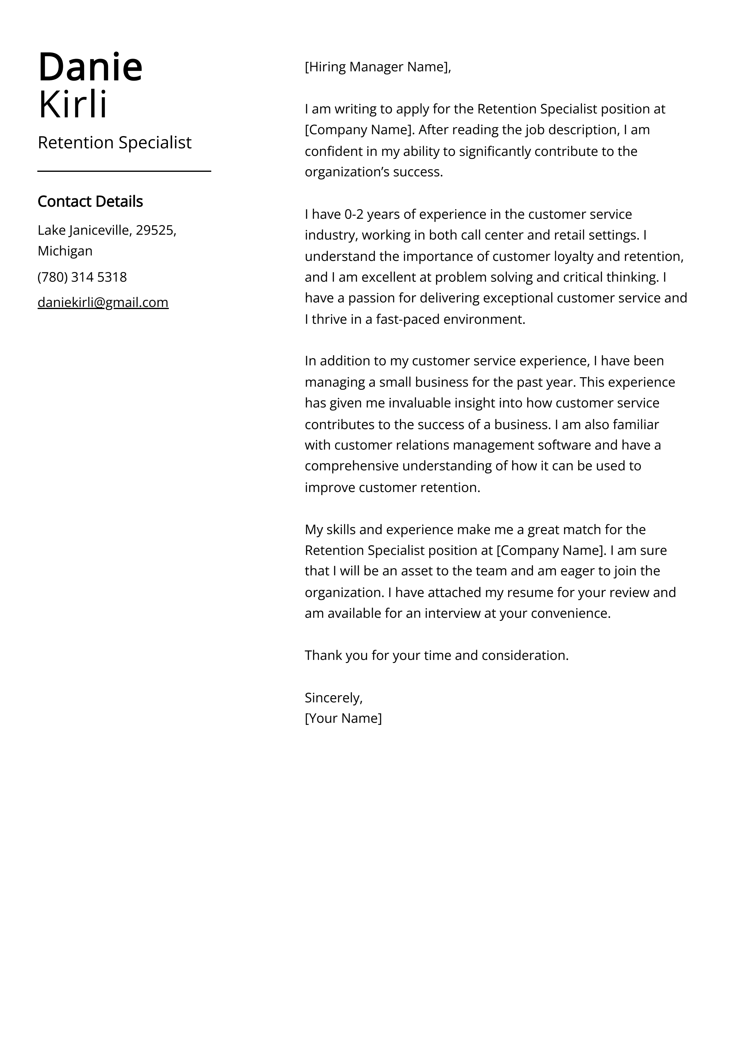 Retention Specialist Cover Letter Example