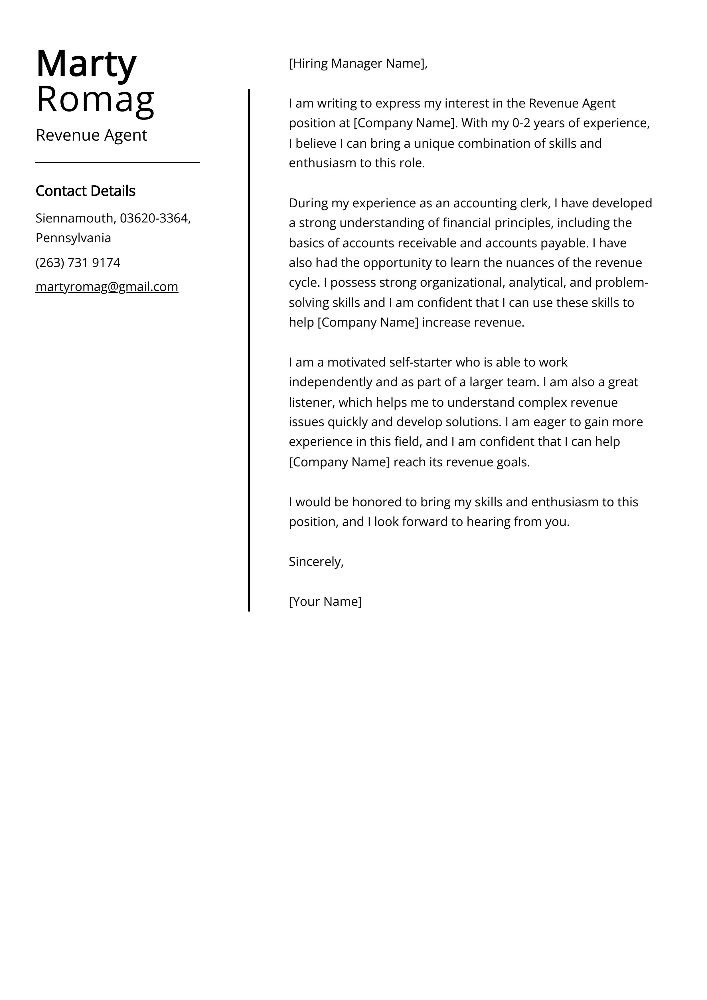 Revenue Agent Cover Letter Example