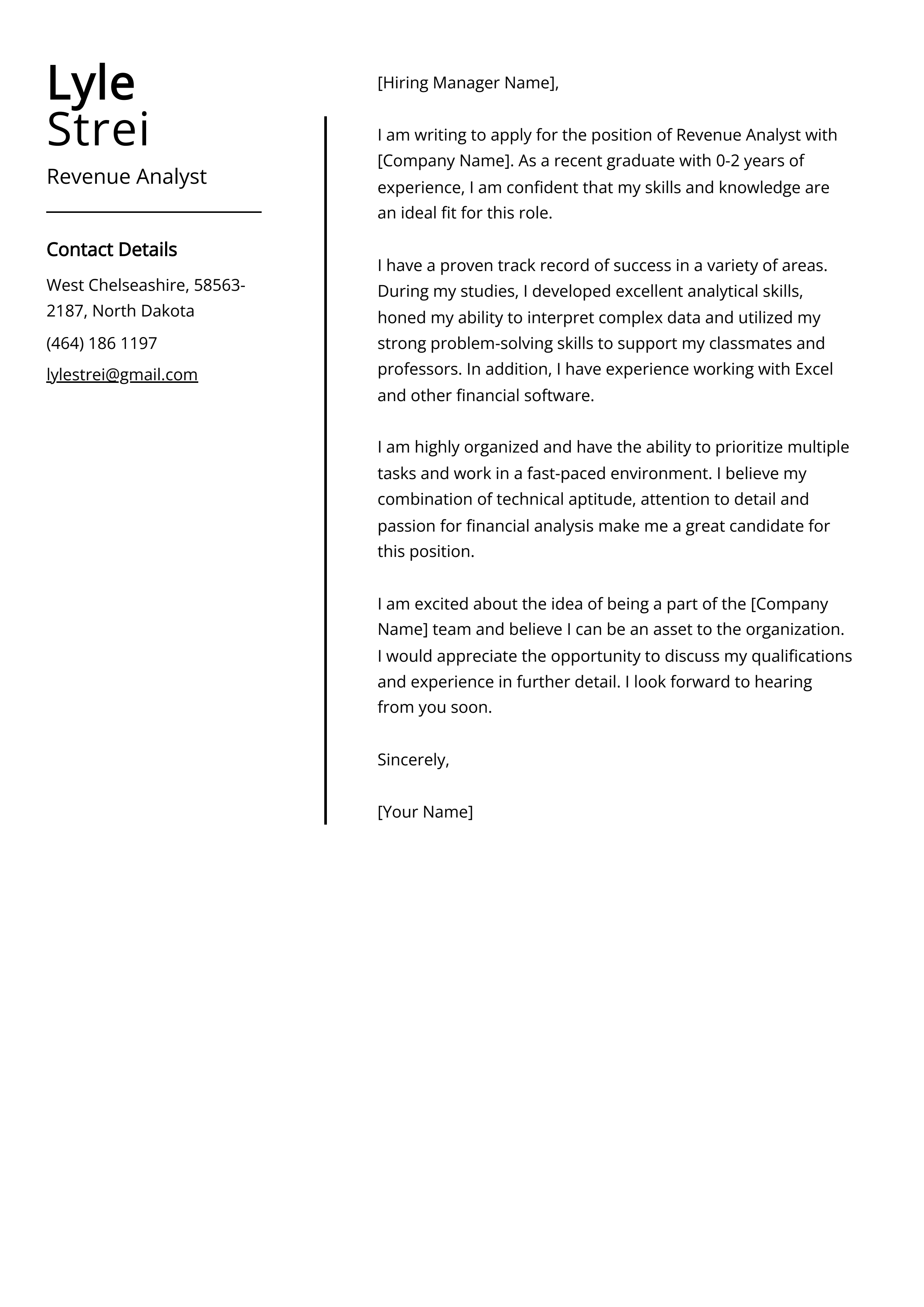 Revenue Analyst Cover Letter Example