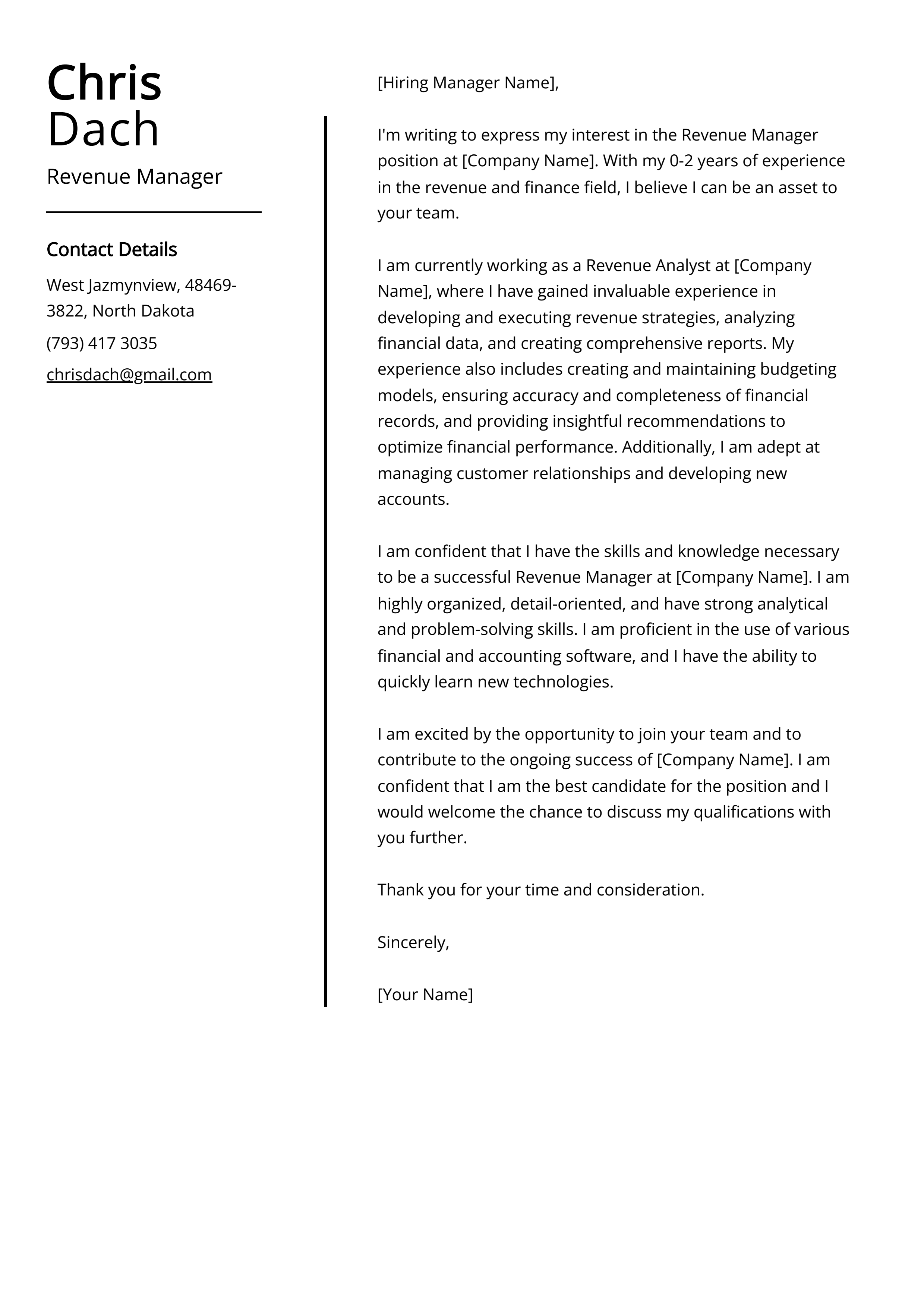 Revenue Manager Cover Letter Example