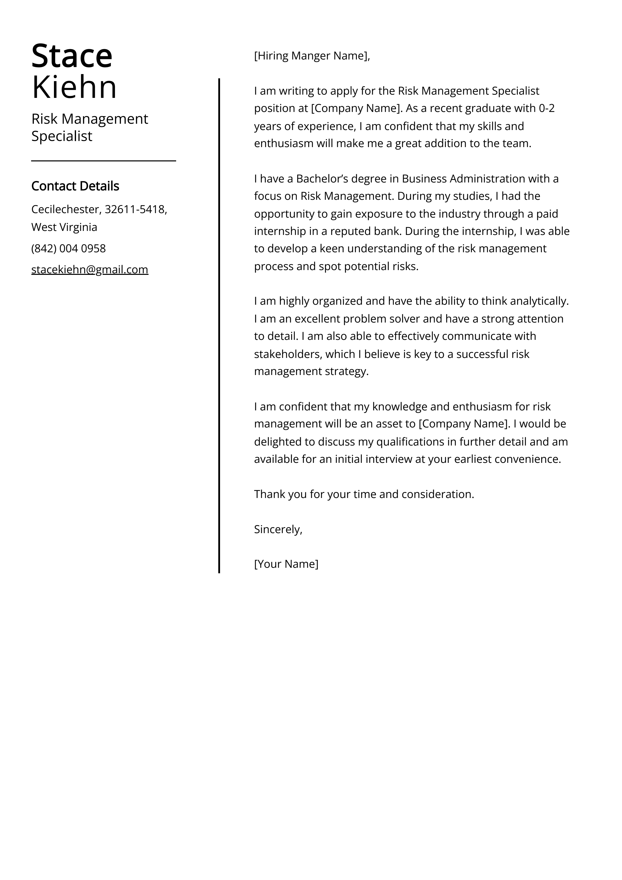 Risk Management Specialist Cover Letter Example
