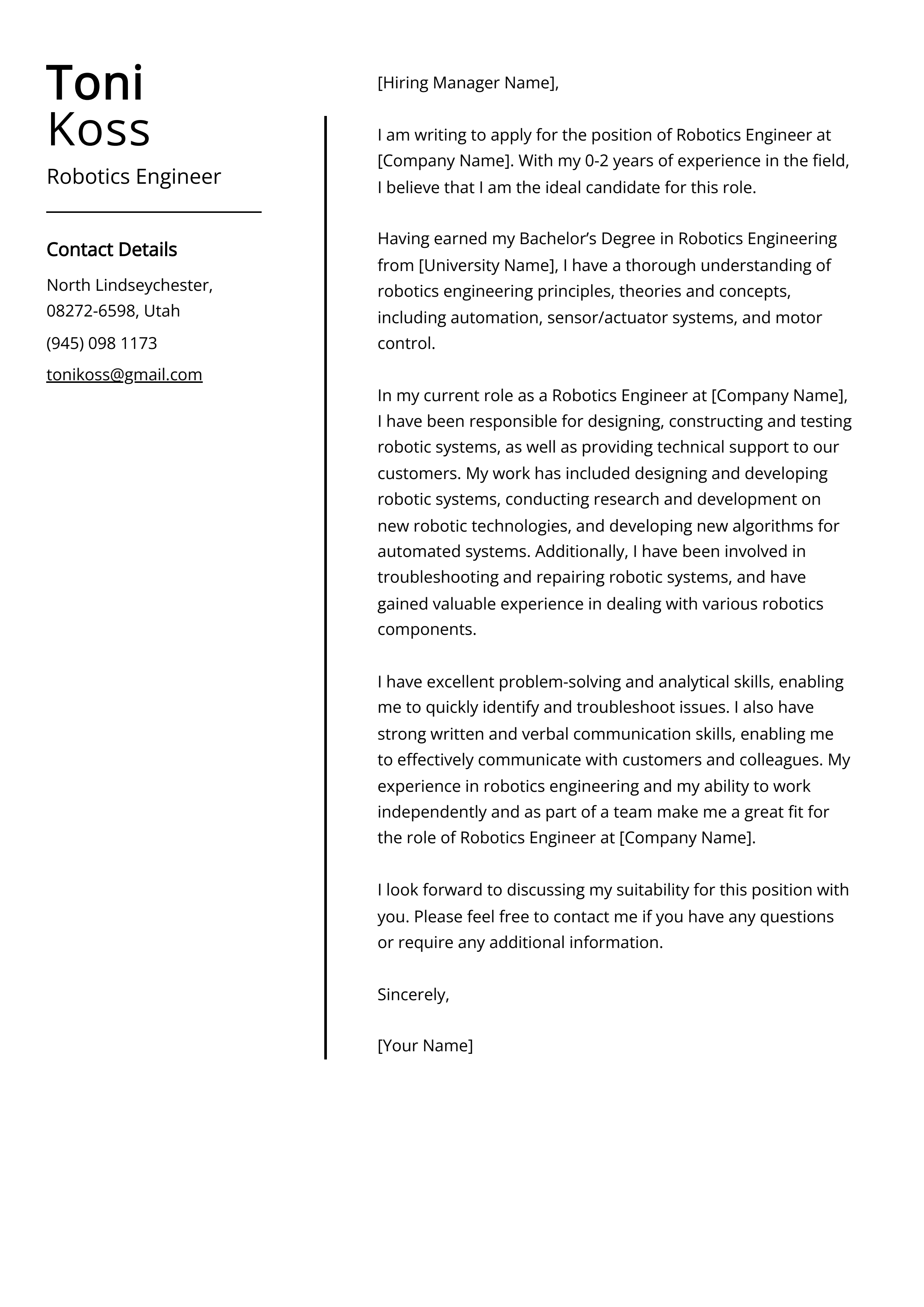 Robotics Engineer Cover Letter Example