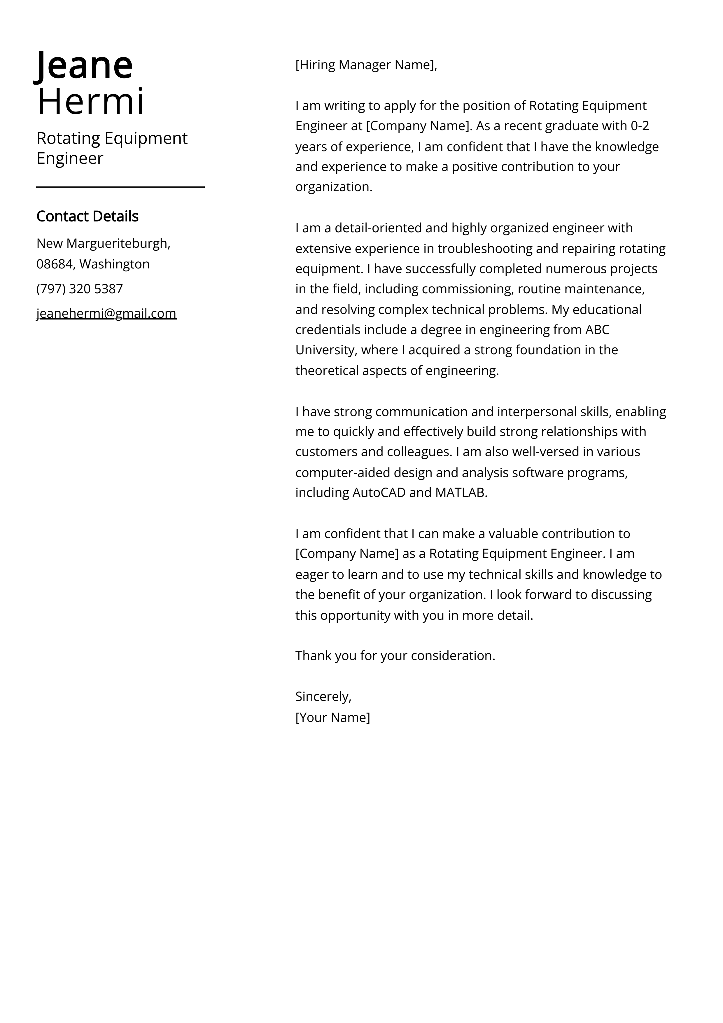 Rotating Equipment Engineer Cover Letter Example