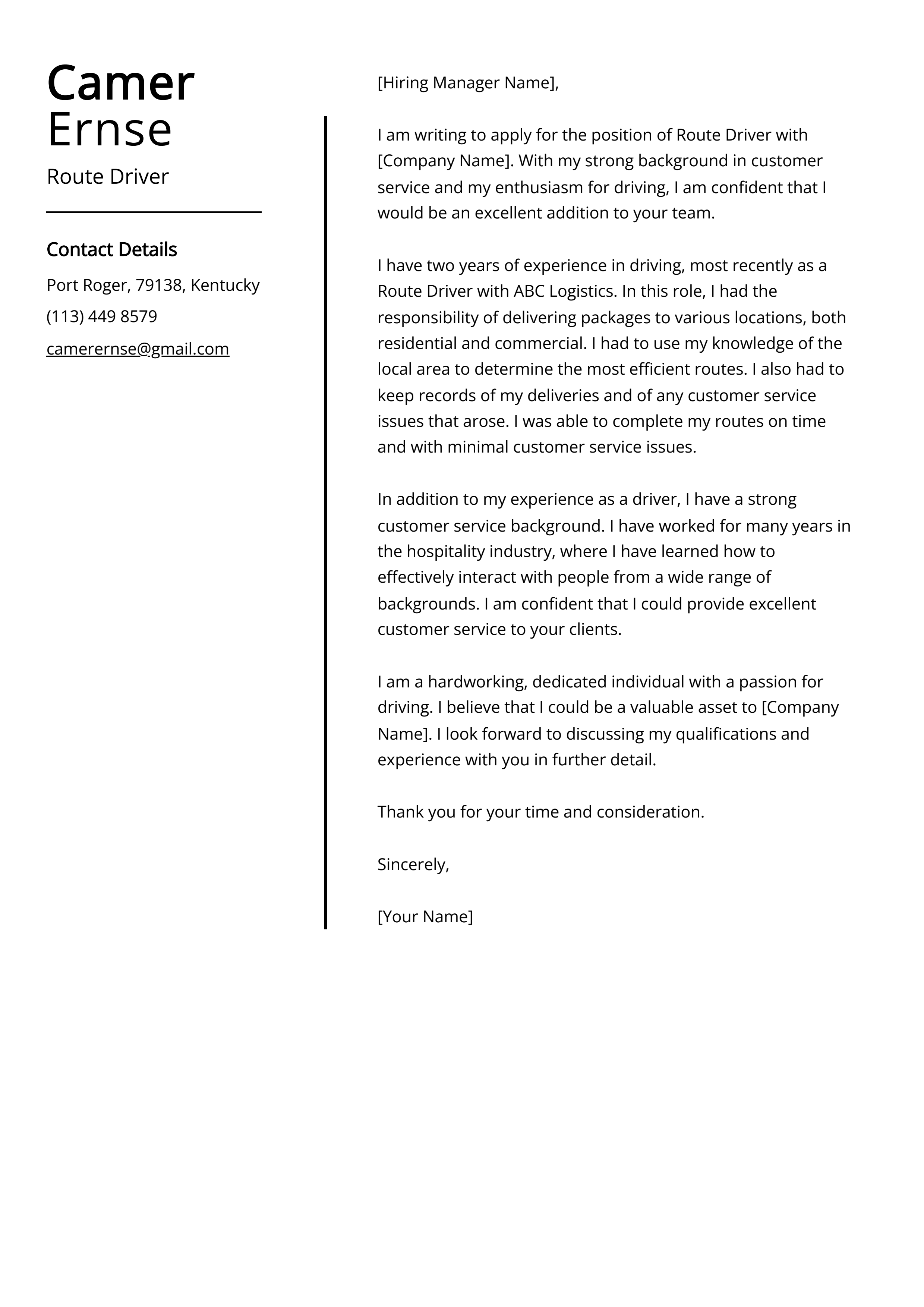 Route Driver Cover Letter Example