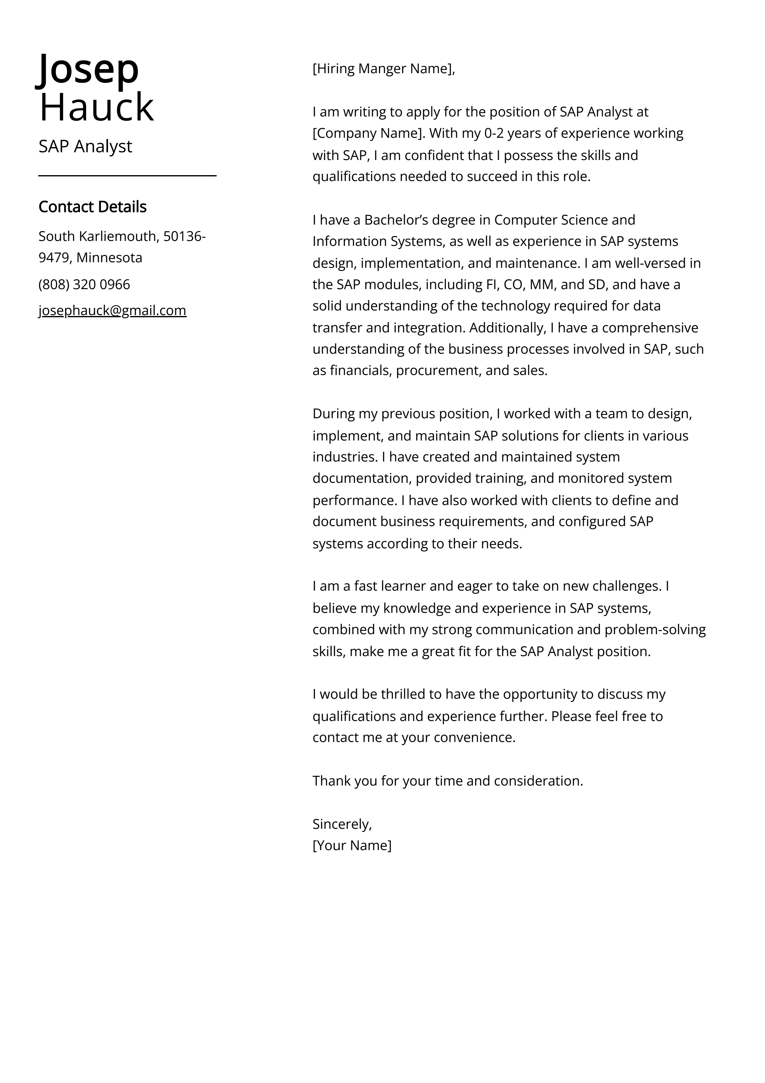 SAP Analyst Cover Letter Example