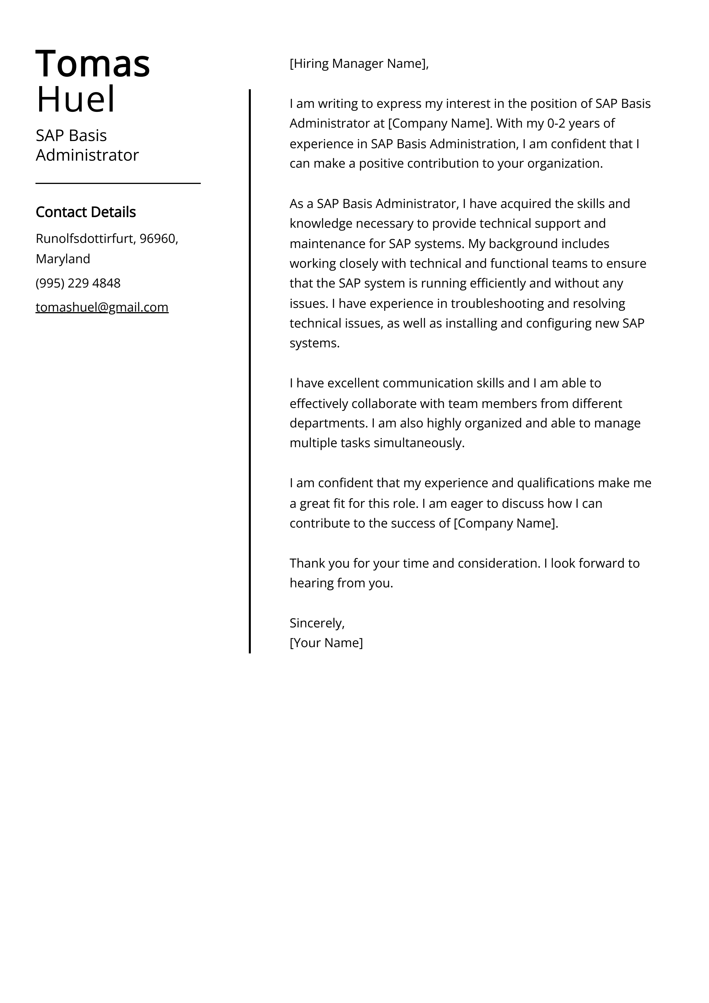 SAP Basis Administrator Cover Letter Example