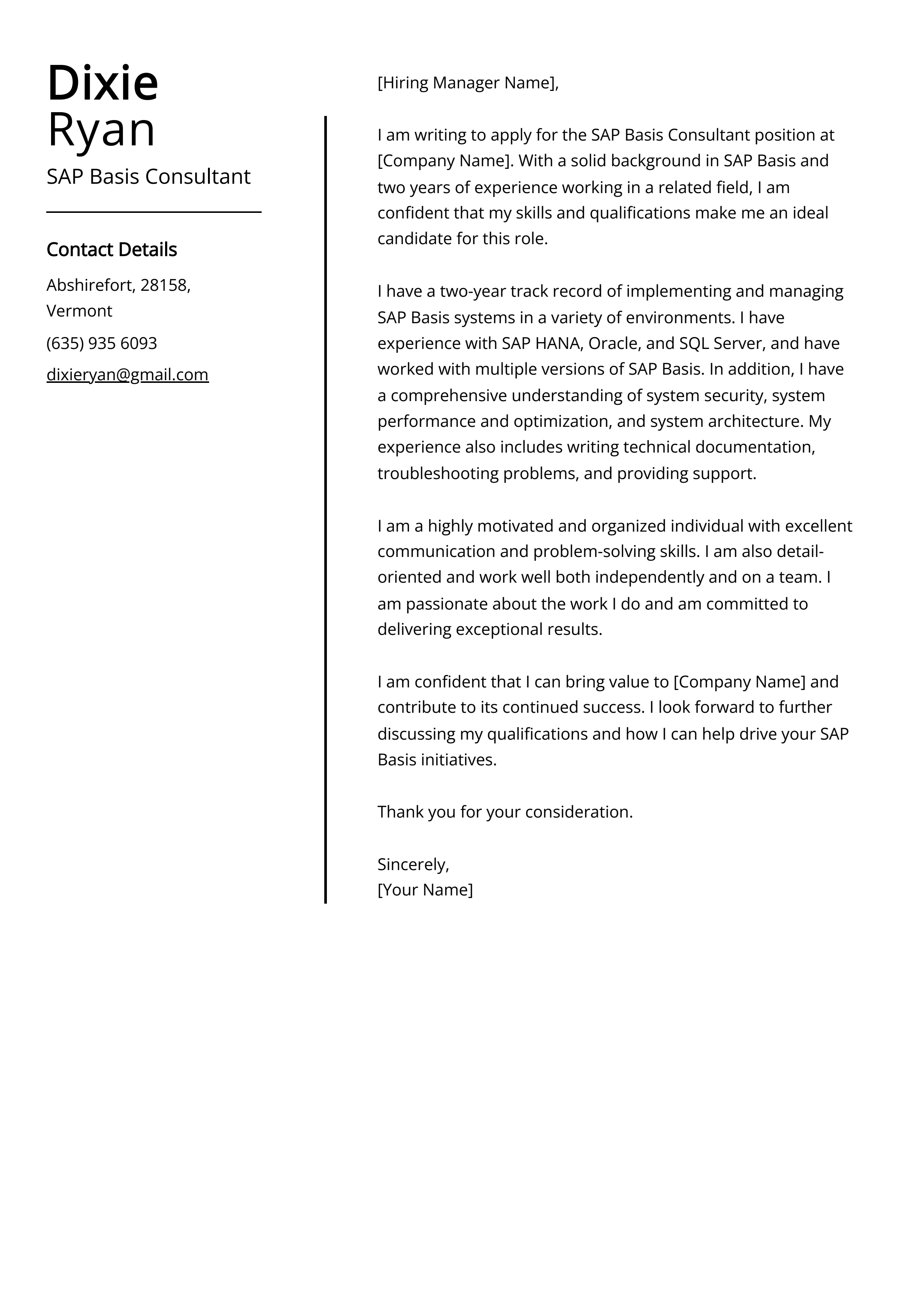 SAP Basis Consultant Cover Letter Example