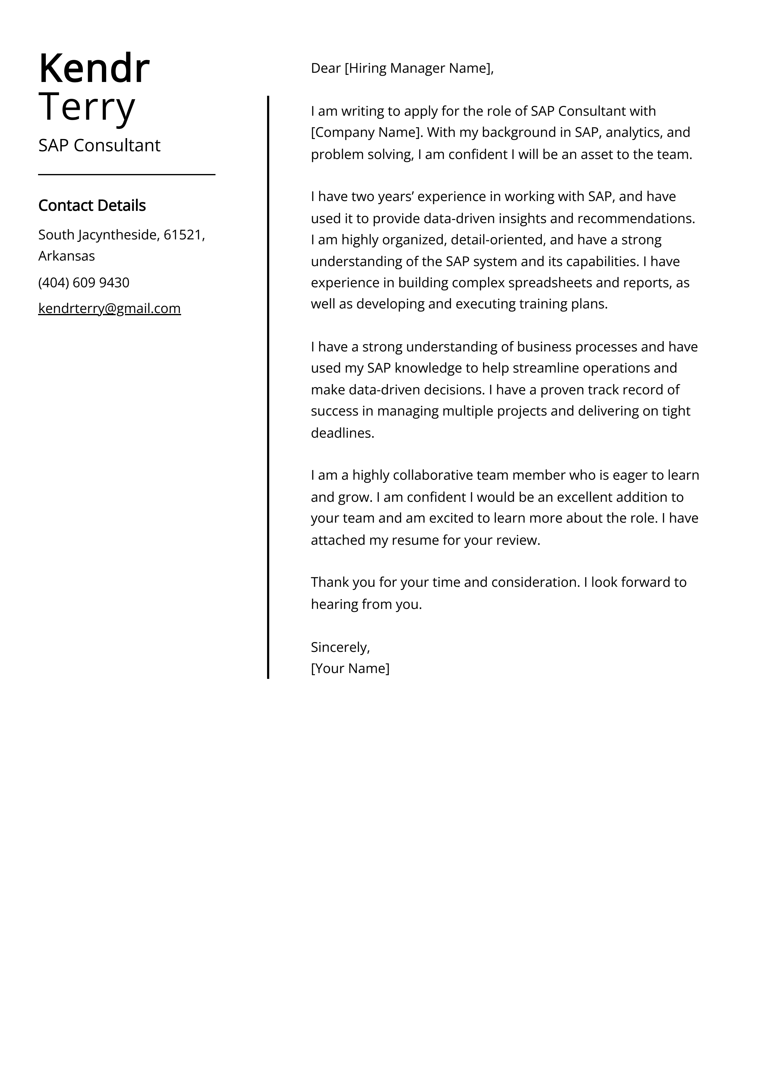 SAP Consultant Cover Letter Example
