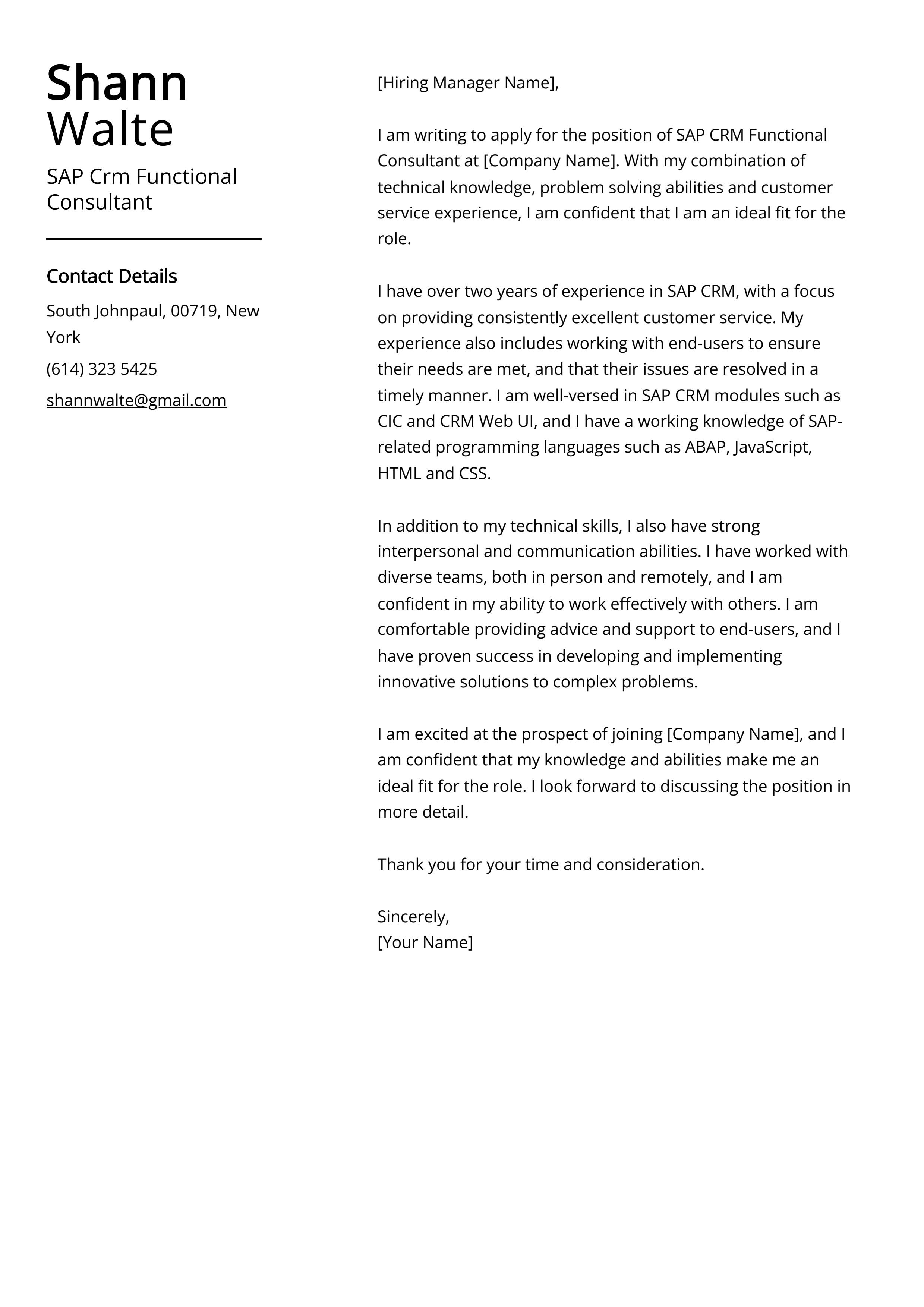 SAP Crm Functional Consultant Cover Letter Example