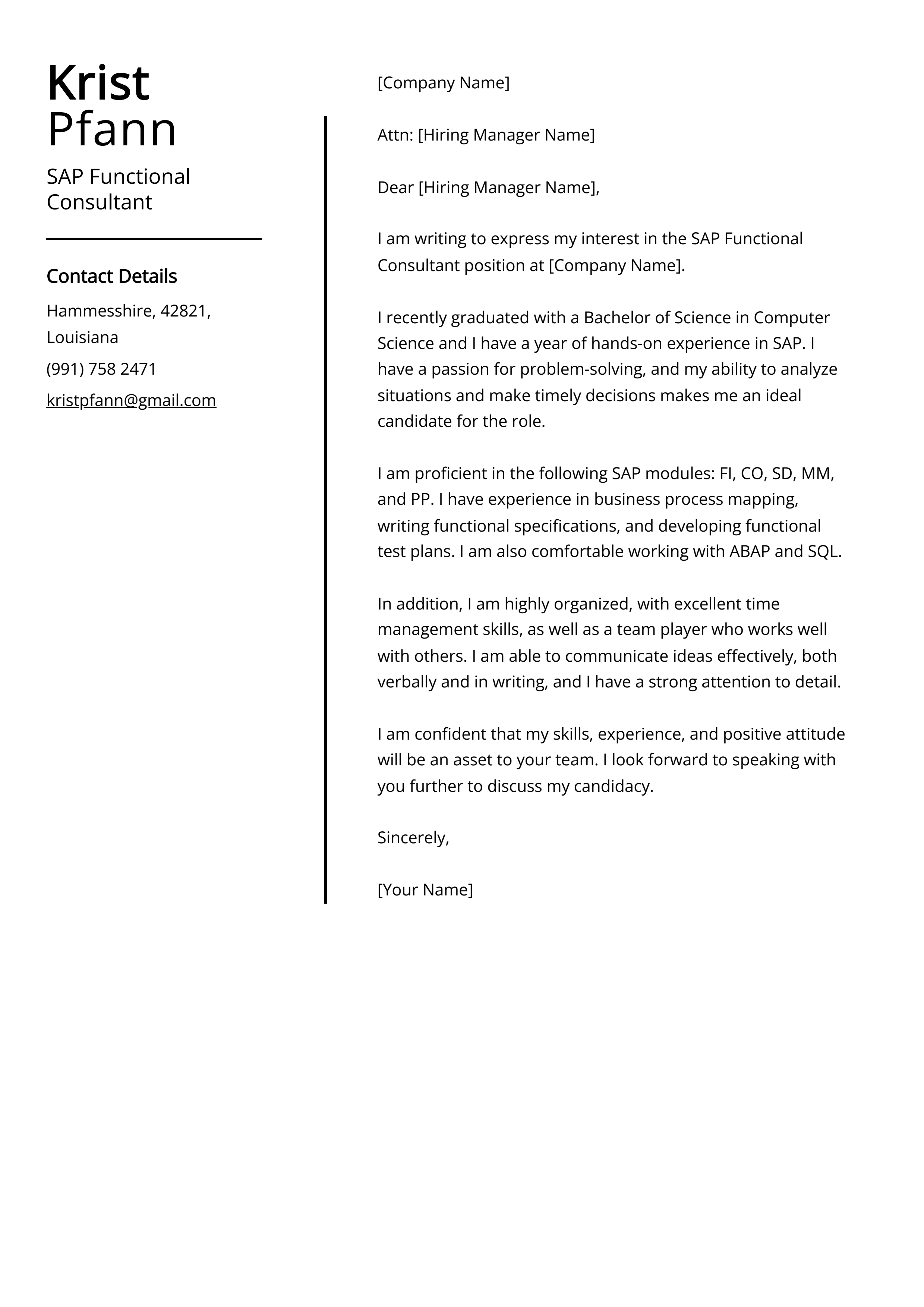 SAP Functional Consultant Cover Letter Example