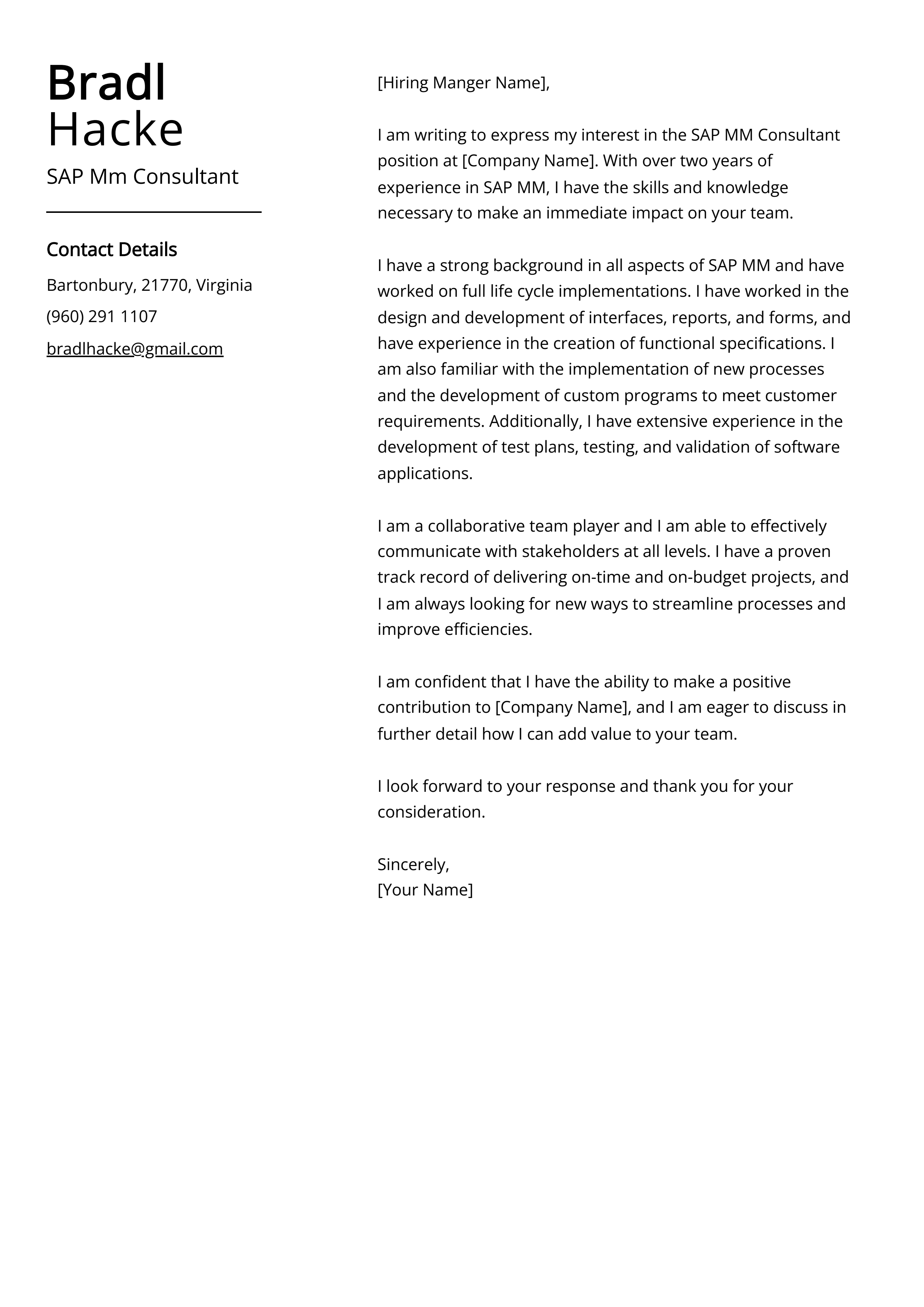 SAP Mm Consultant Cover Letter Example