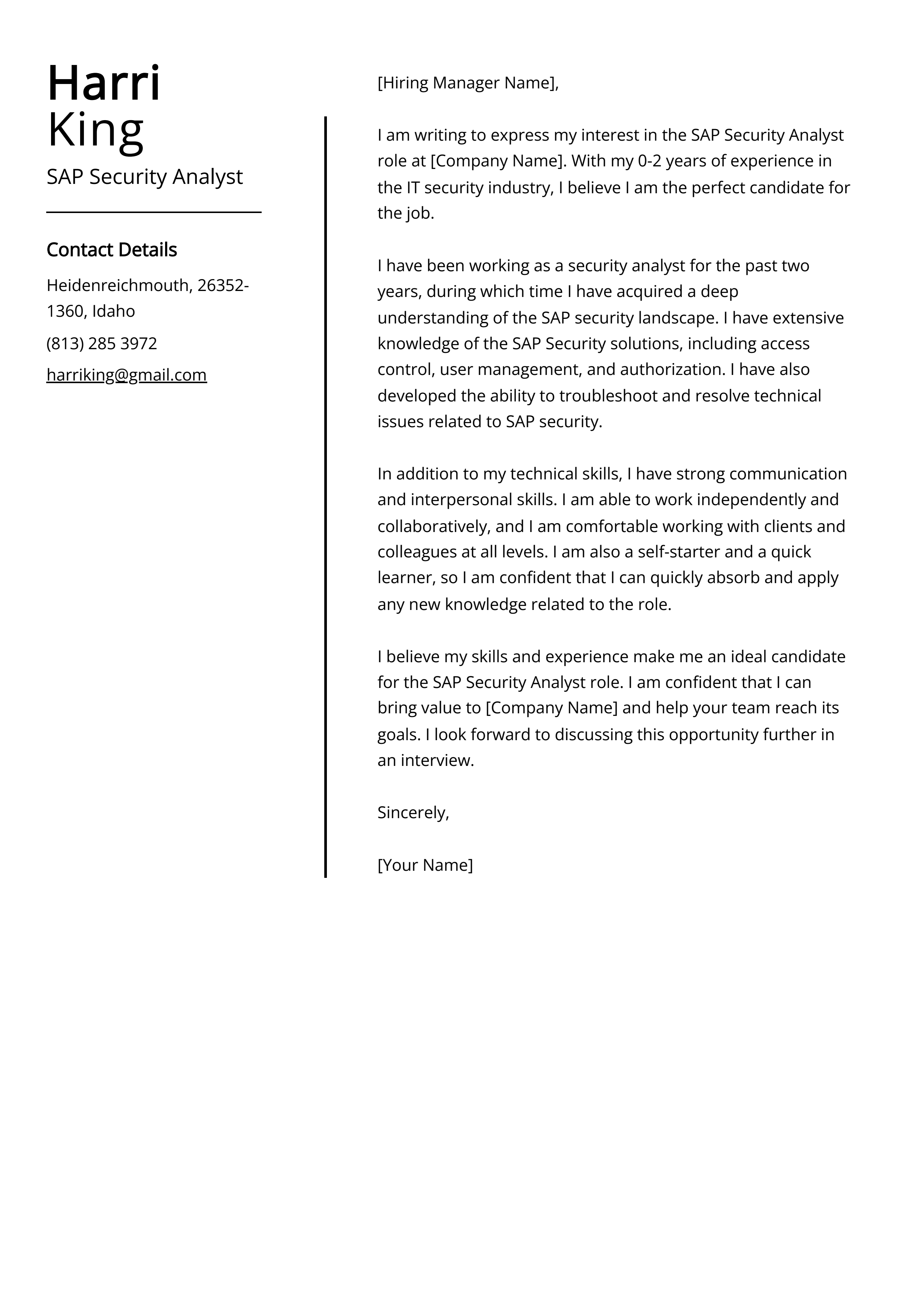 SAP Security Analyst Cover Letter Example