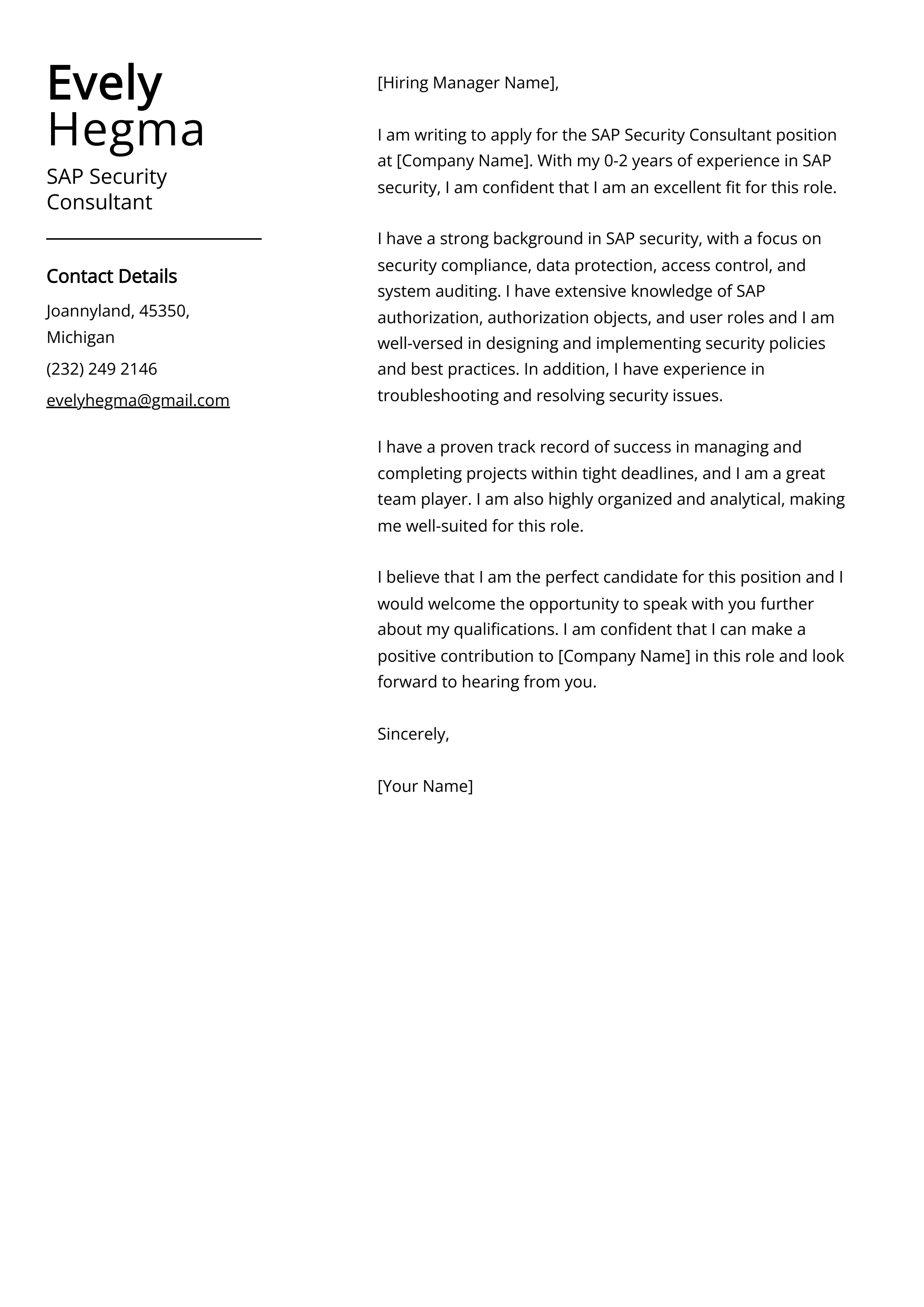 SAP Security Consultant Cover Letter Example