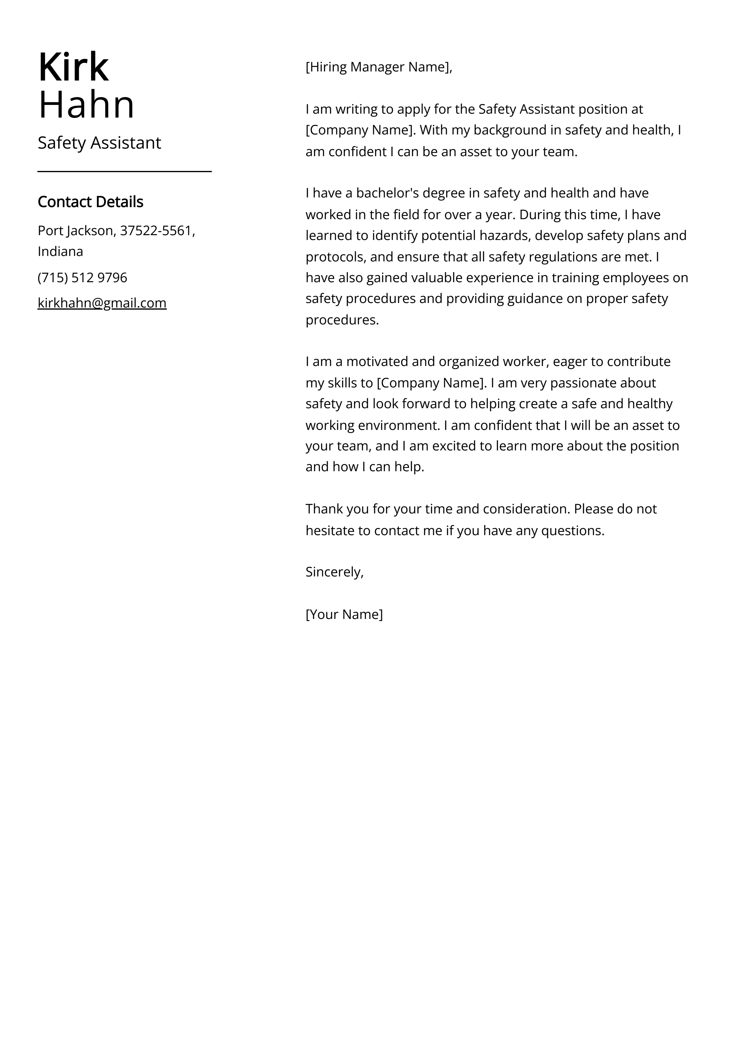 Safety Assistant Cover Letter Example