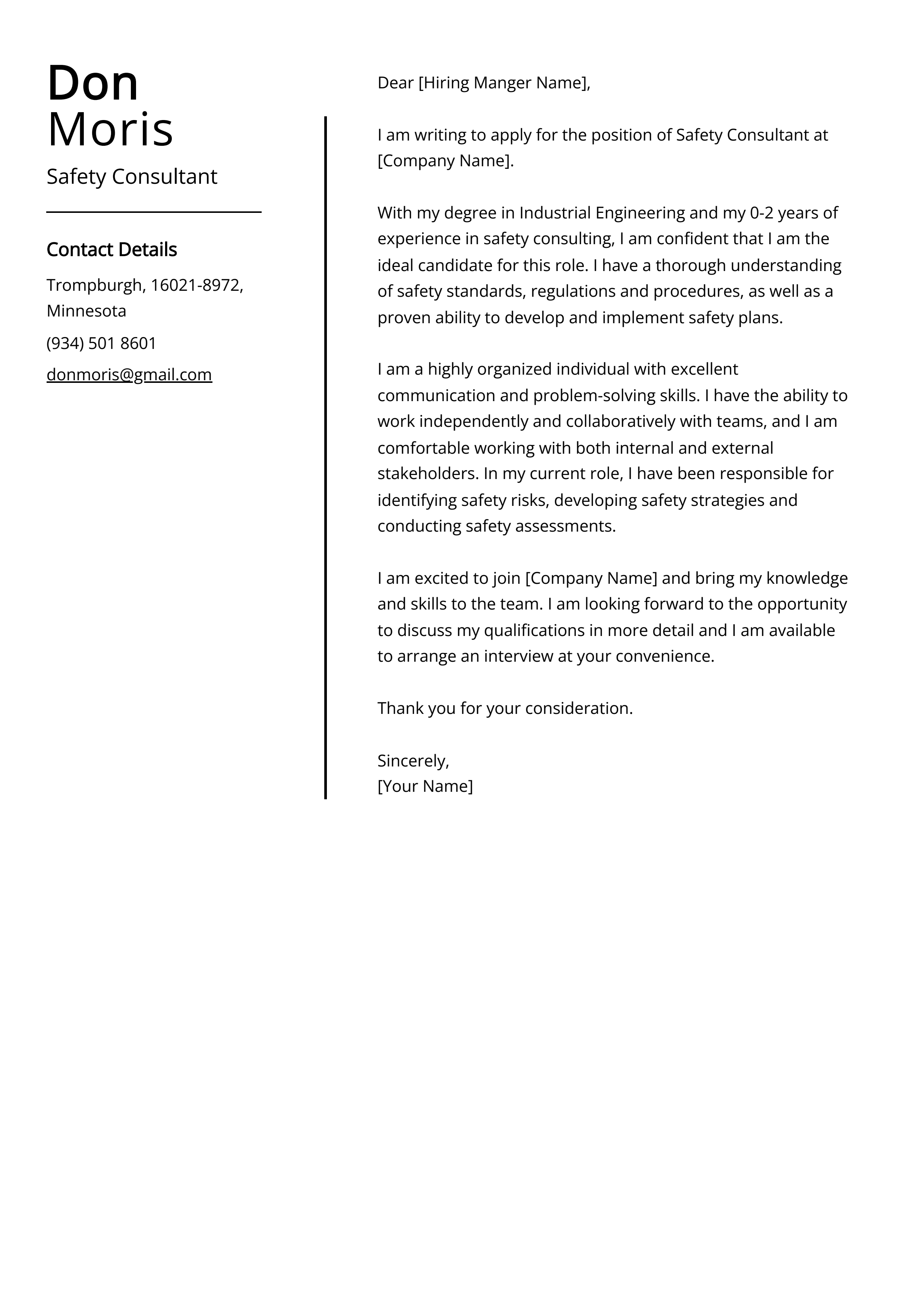 Safety Consultant Cover Letter Example