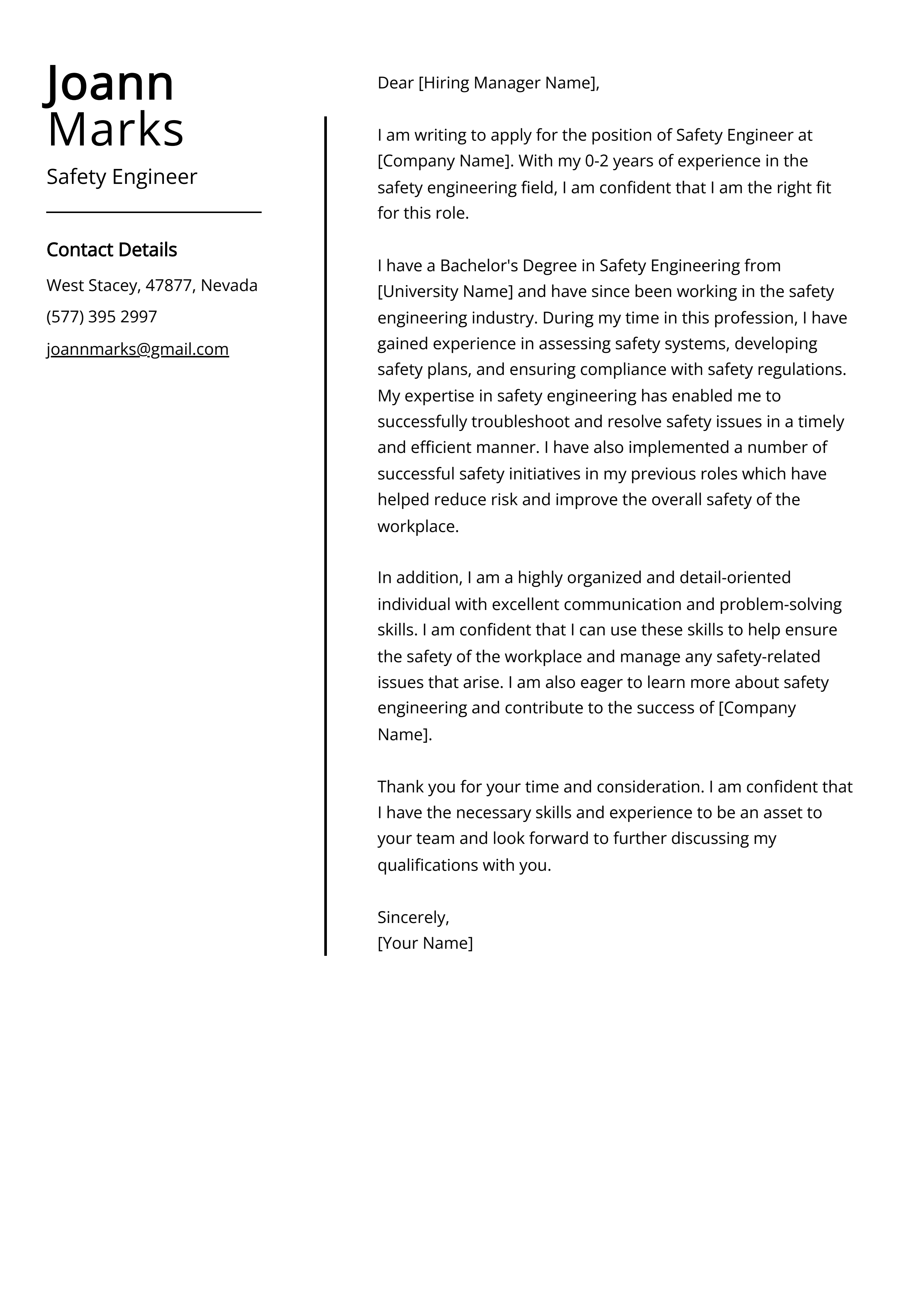 Safety Engineer Cover Letter Example