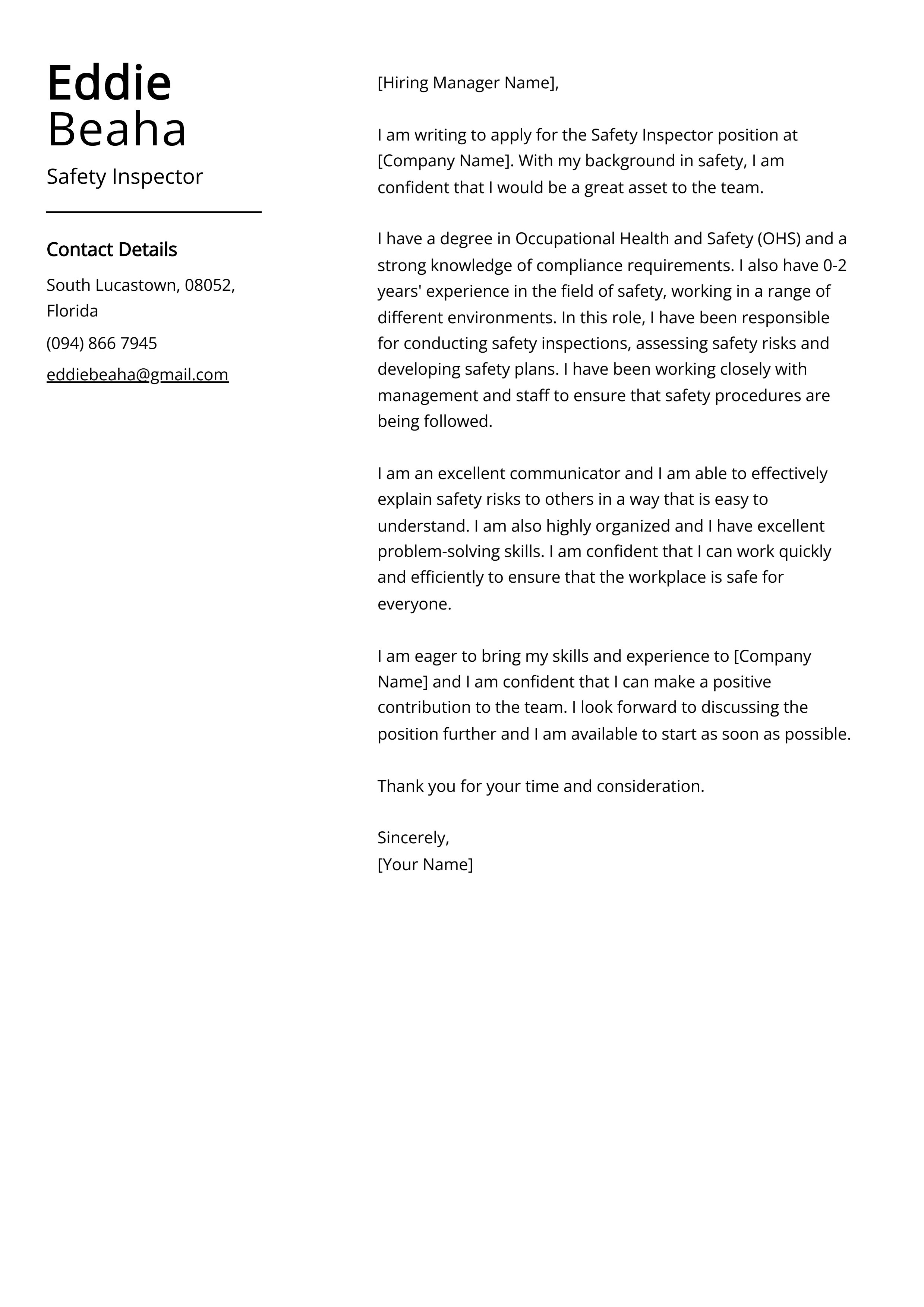 Safety Inspector Cover Letter Example