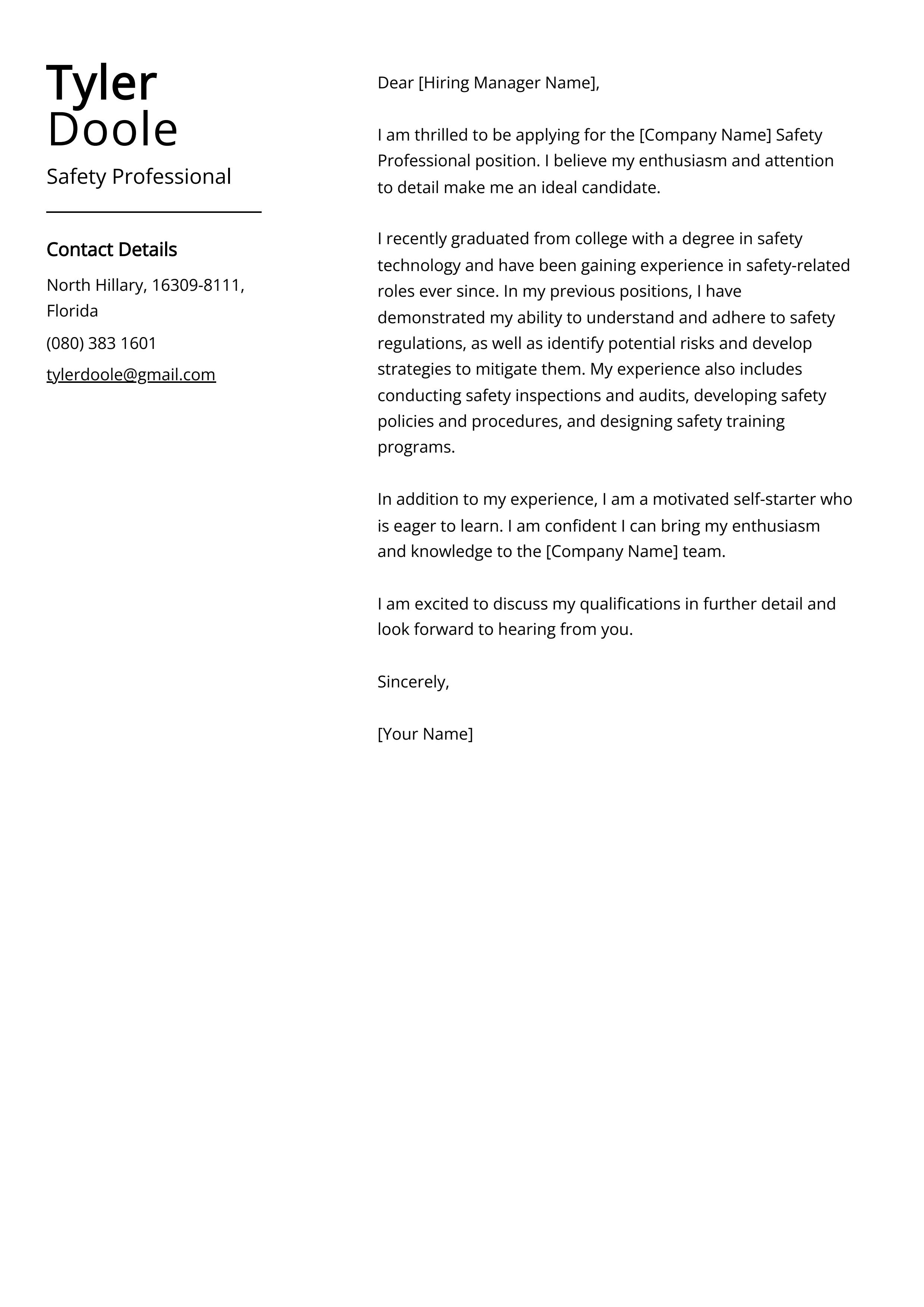 Safety Professional Cover Letter Example